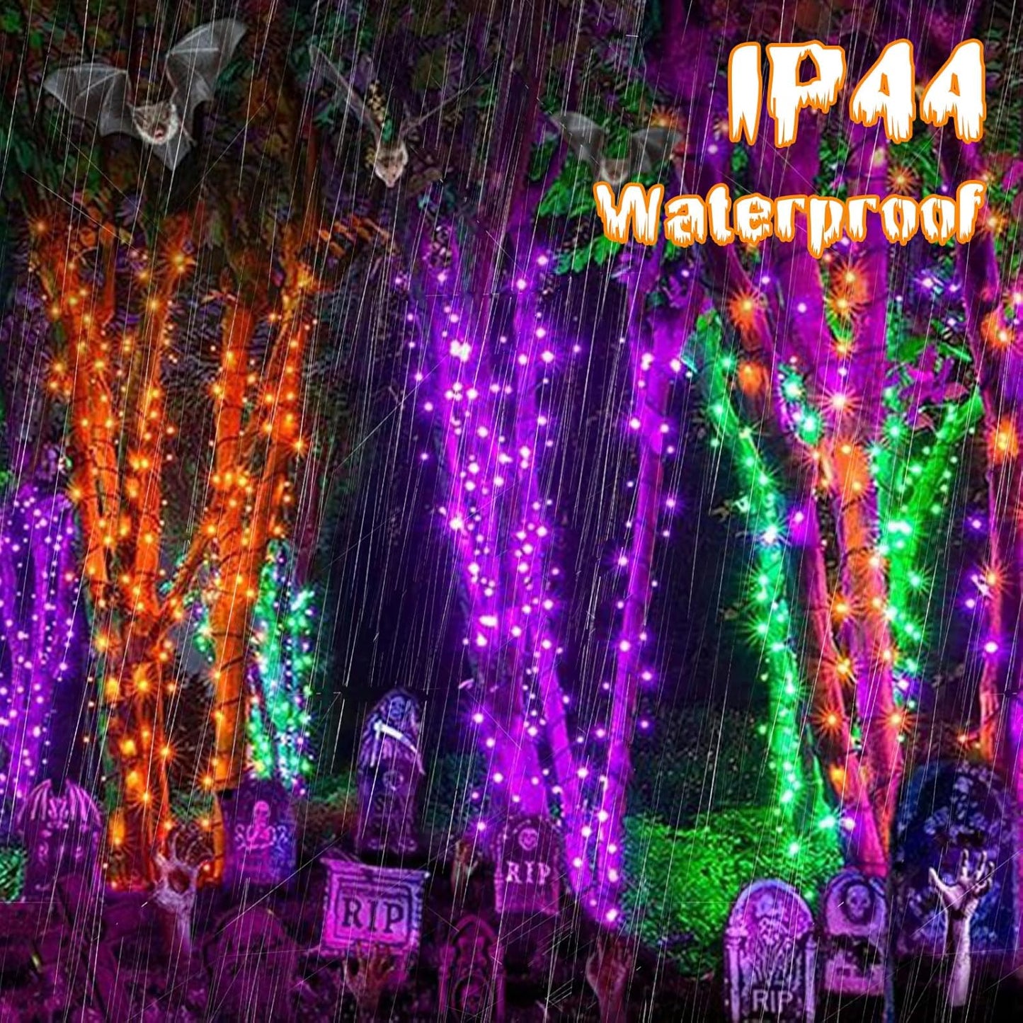 Halloween Orange Purple & Green Lights Decorations, 2 Pack 17FT 100LED Mini String Lights Battery Operated -Waterproof for Indoor Outdoor Patio Tree Holiday Fall Halloween Decor