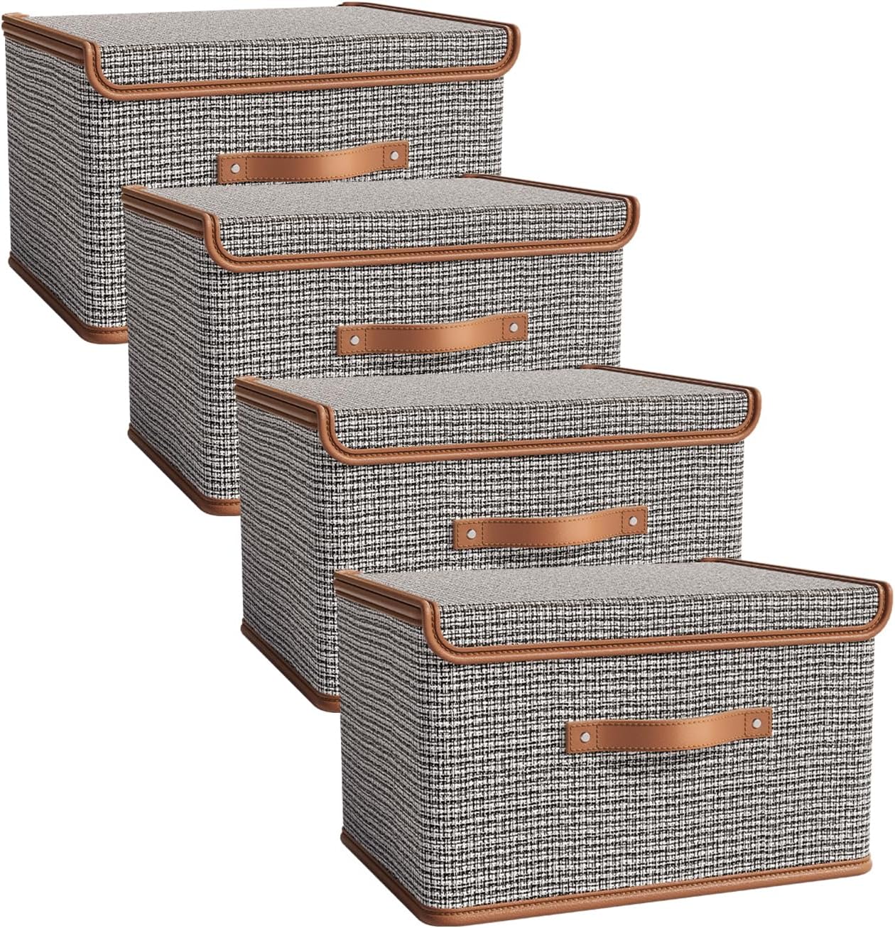 Tuza 4 Pack Storage Bins with Lids, Collapsible Closet Organizer Container, Fabric Organizer Box with Handles, Decorative Storage Boxes with Lids for Organizing Clothes, Books, Light Grey, Large