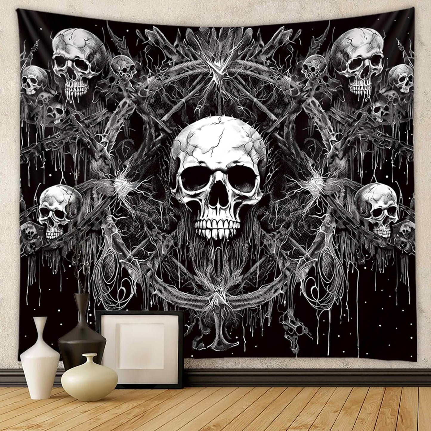 Tapzen Gothic Black and White Wall Tapestry - Dark Skeleton Horror Design - Aesthetic Cool for Bedroom, Living Room or Dorm (80 x 60 inches)