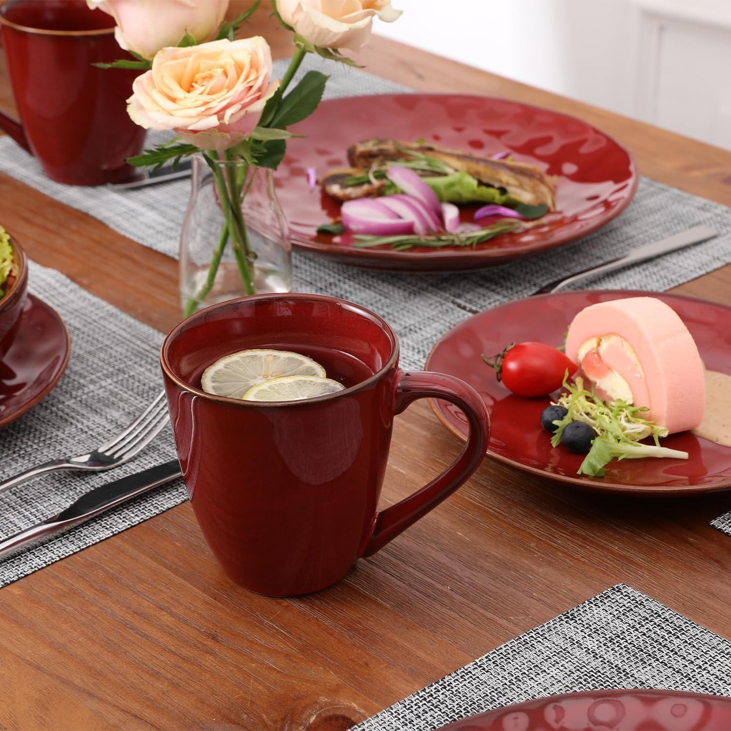 vicrays Coffee Mug Set, 12 Ounce, Set of 6, Ceramic Mug for Men, Women, Unique Glazed Mugs with Handle for Coffee, Tea, Milk, Cocoa, Cereal(Cherry Red)