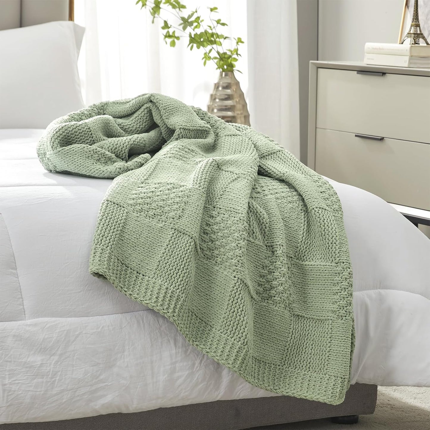Amélie Home Chenille Knit Throw Blanket for Couch, Checkered Texture Decorative Soft Blanket for Sofa, Bed & Living Room, 50"x60", Sage Green