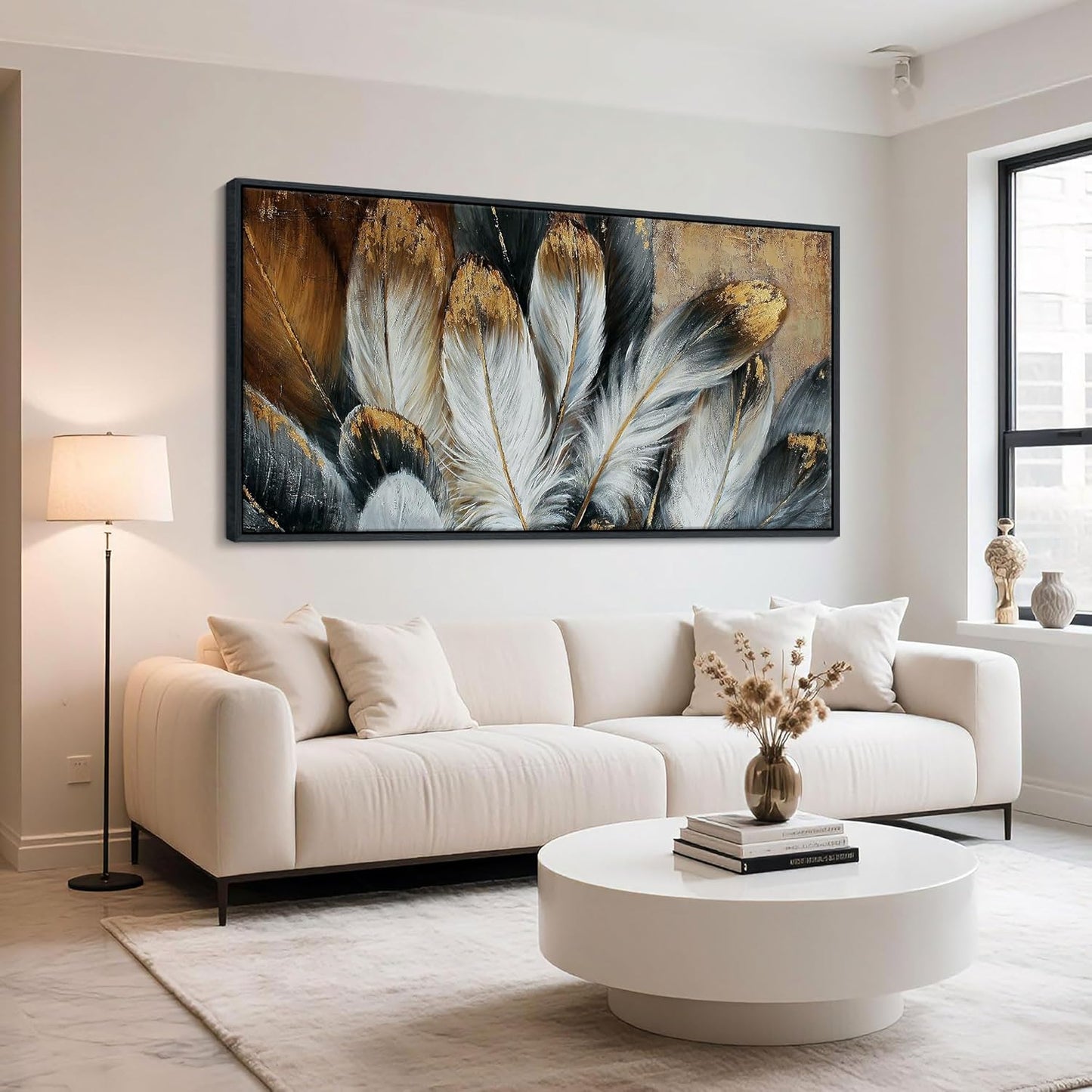 Mofutinpo Framed Wall Art Modern Living Room Bedroom Wall Decoration Large Canvas Painting Artwork for Home Decor Gold Brown Feather Picture Ready to Hang 30x60 Size Black Framed