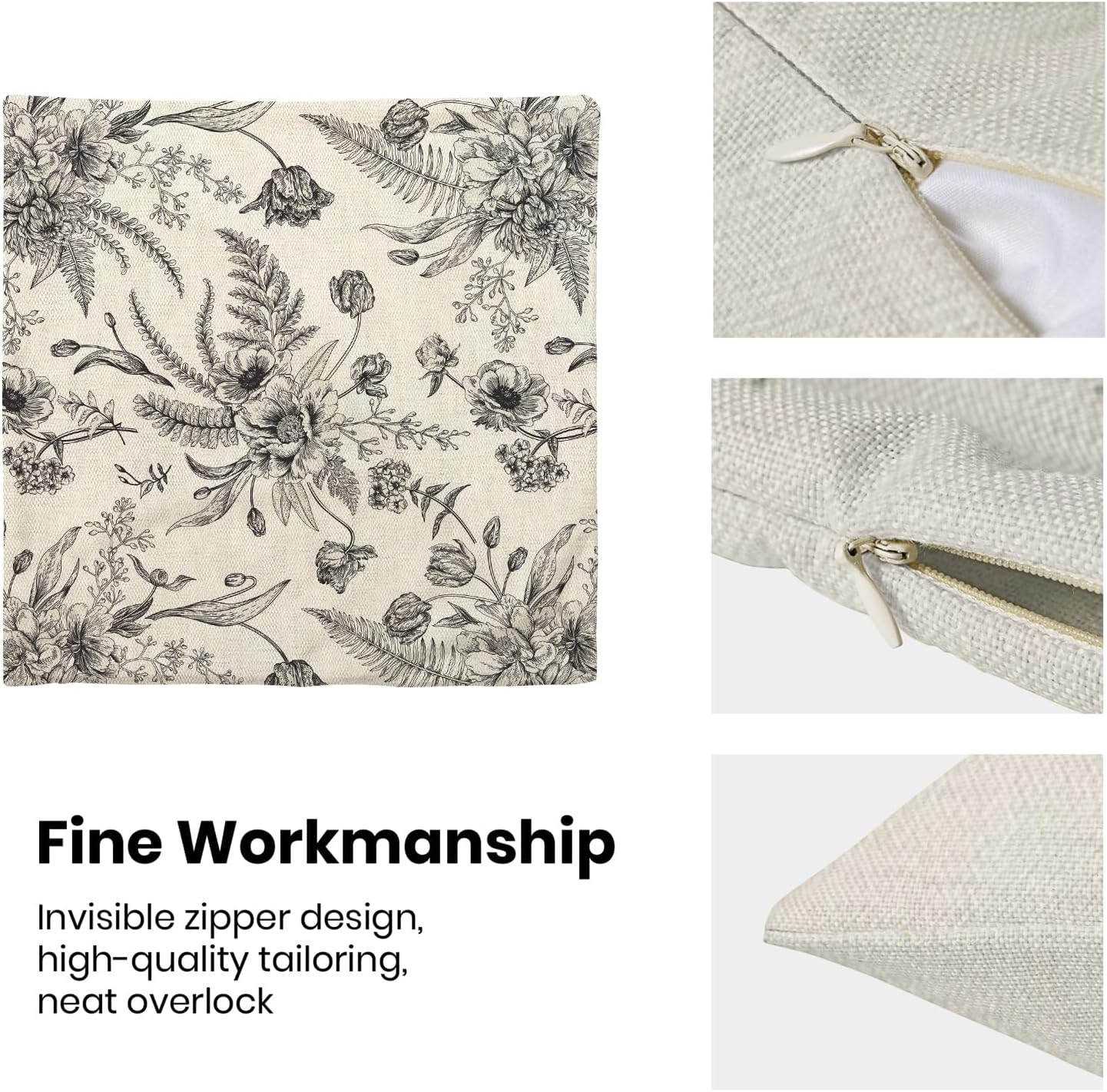 CXMEIFLY Spring Floral Leaves Pillow Covers 18 x 18 Inch Set of 2 for Chinoiserie Flowers Decor Throw Pillows Black and White Seasonal Plant Outdoor Decorative Cushion Cases for Couch Bed Decorations