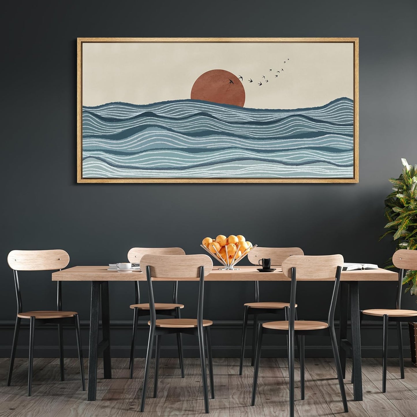 MUDECOR Extra Large Framed Canvas Print Wall Art Calm Seascape Ocean Waves and Setting Sun Illustrations Antique Retro Fine Art Illustrations Decorative Colorful for Bedroom - 60"x30"