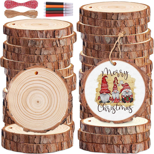 Wood Slices 32 Pcs 2.8-3.1 Inch, Natural Unfinished Wood Rounds Slice Ornaments, Round Craft Wood Kit Predrilled Wood Circles for DIY Crafts Christmas Wedding Centerpieces Wooden Coasters Burning