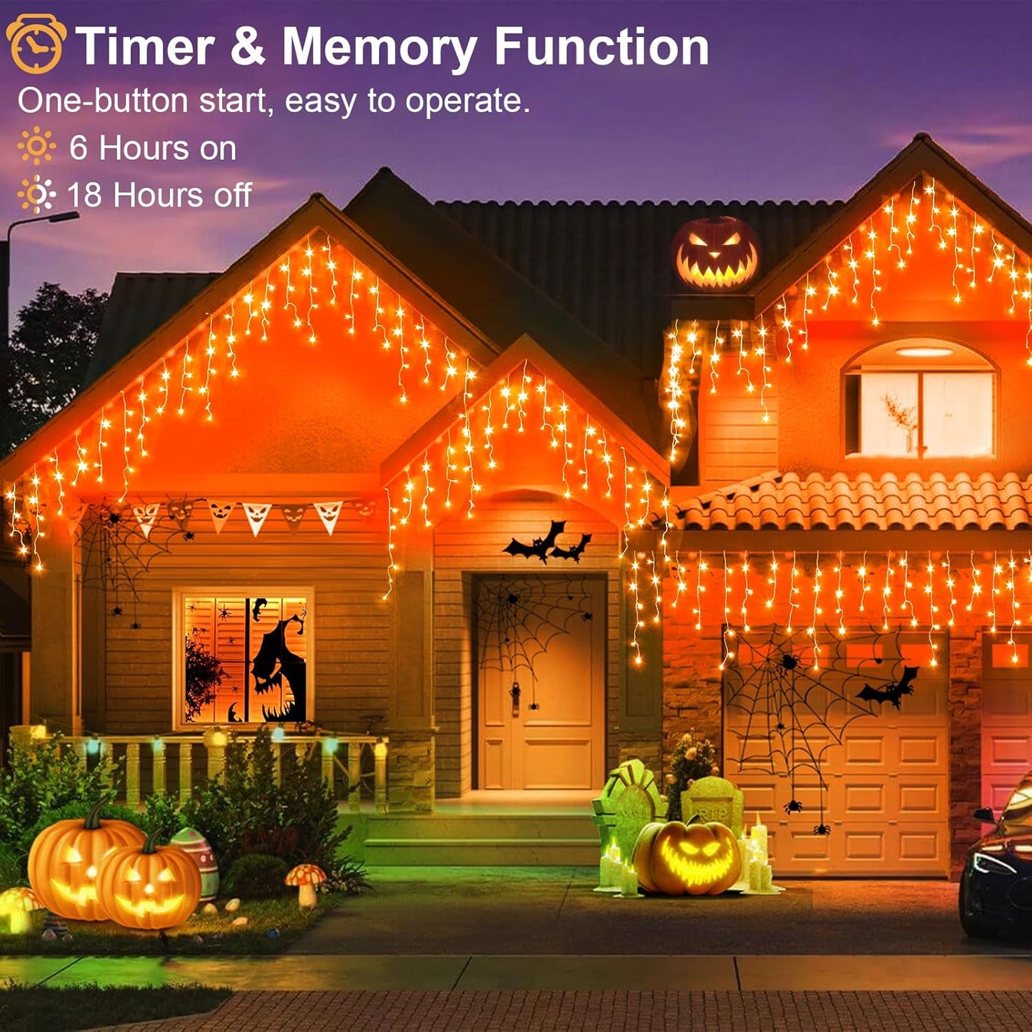 Orange Halloween Lights 33ft 400 LED Icicle Lights for Outside 8 Modes with 75 Drops, Waterproof Icicle Light Plug in for Indoor House Party Holiday Decorations