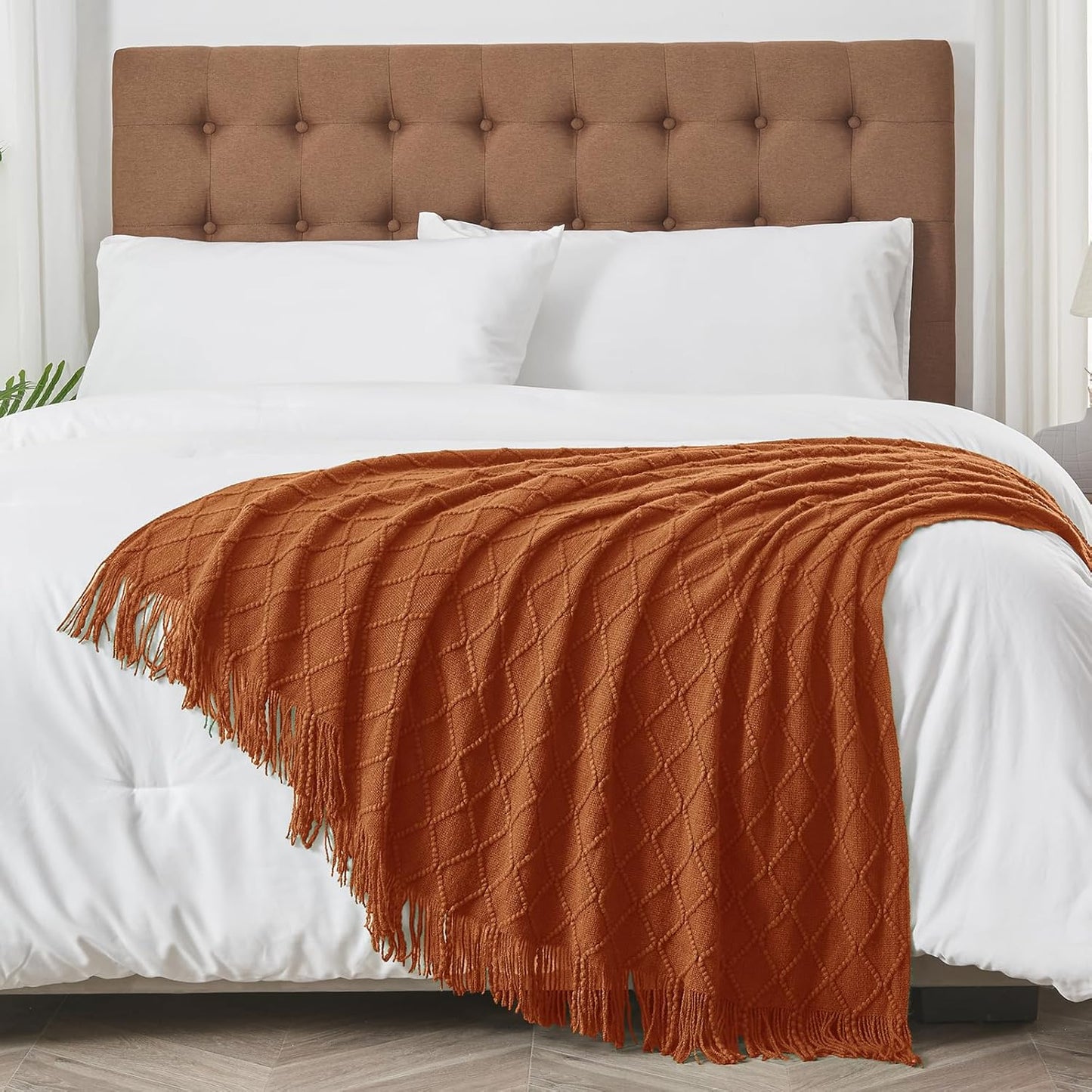 inhand Knitted Throw Blankets for Couch and Bed, Soft Cozy Knit Blanket with Tassel, Orange Rust Lightweight Decorative Blankets and Throws, Farmhouse Warm Woven Blanket for Men and Women, 50"x60"