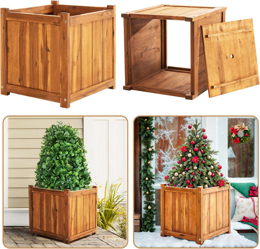 Idzo Set of 2 Hardwood Outdoor Flower Box, Durable Acacia Wood Flower Boxes for Outdoor Plants with Ergonomic Handles, Drainage Holes, Multiple Sizes Wood Bucket Planter for Home Décor