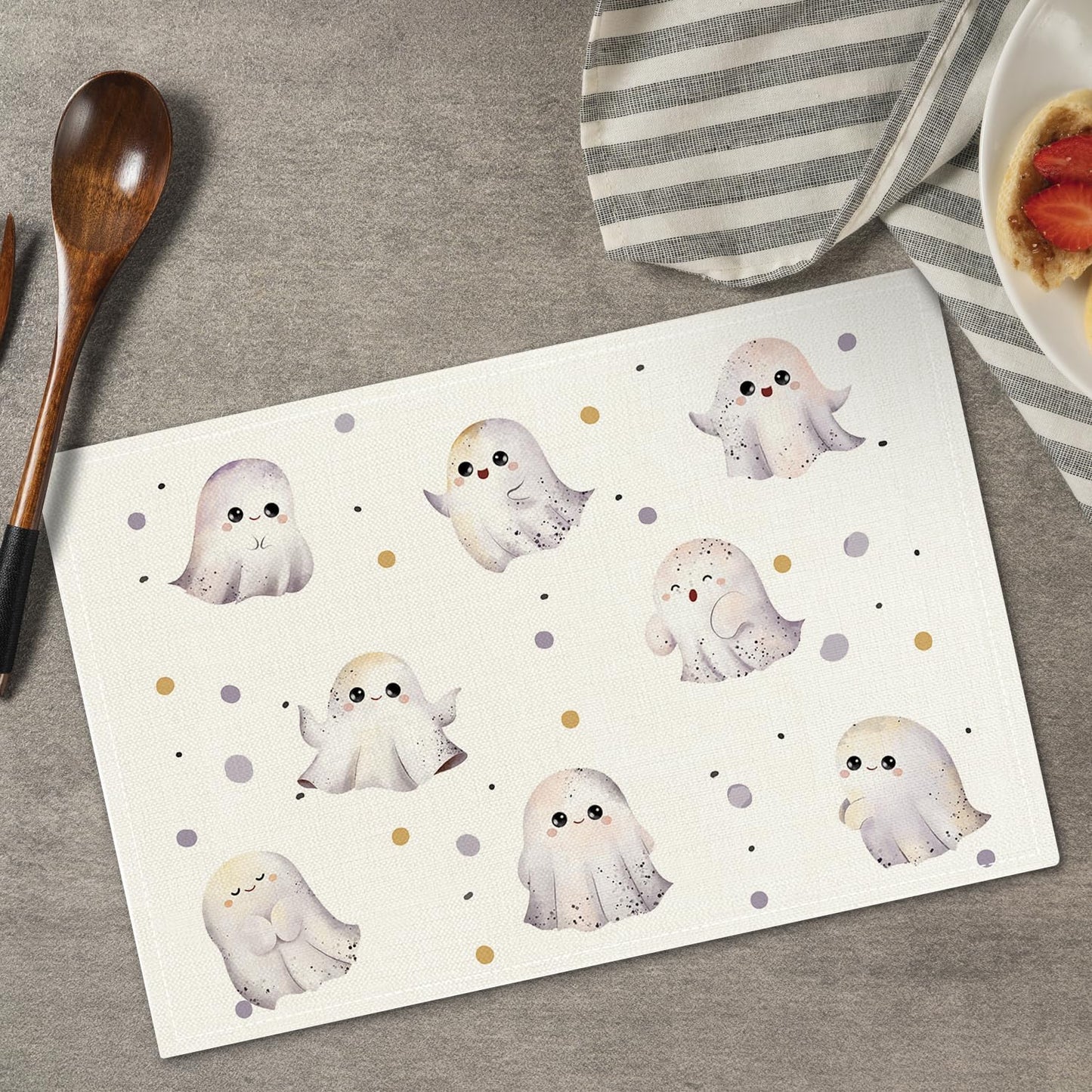 Halloween Placemats Set of 4, Cute Ghost Table Mat for Home Kitchen, Restaurants, Outdoor Linen Washable Place Mats 12x18 inch Party Event Dining Decoration-14