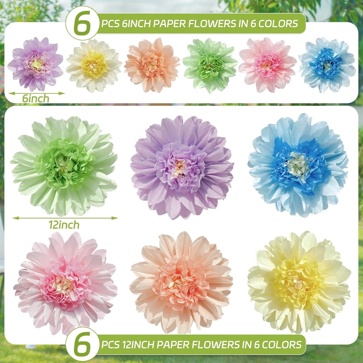 Homarkable Pastel Paper Flowers,12 Pcs Crepe Paper Flowers Decorations,6 in,10 in Flower for Wedding Party Baby Bridal Shower Carnival Party Nursery Wall Decor