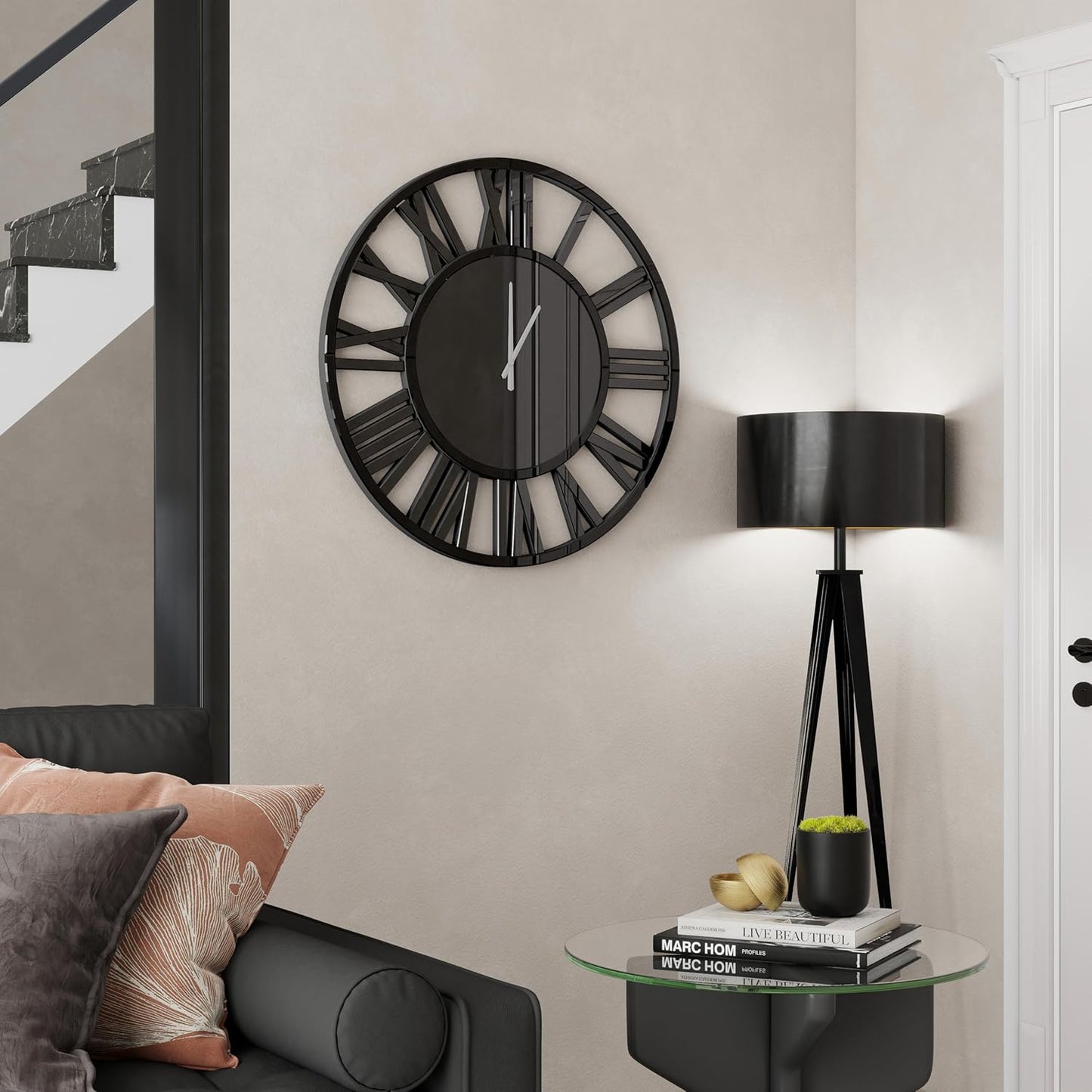 Large Wall Clock - 18" Modern Black Wall Clock with Roman Numerals, Decorative Wall Clocks for Living Room, Bedroom, Office - Easy to Hang, Silent Non-Ticking