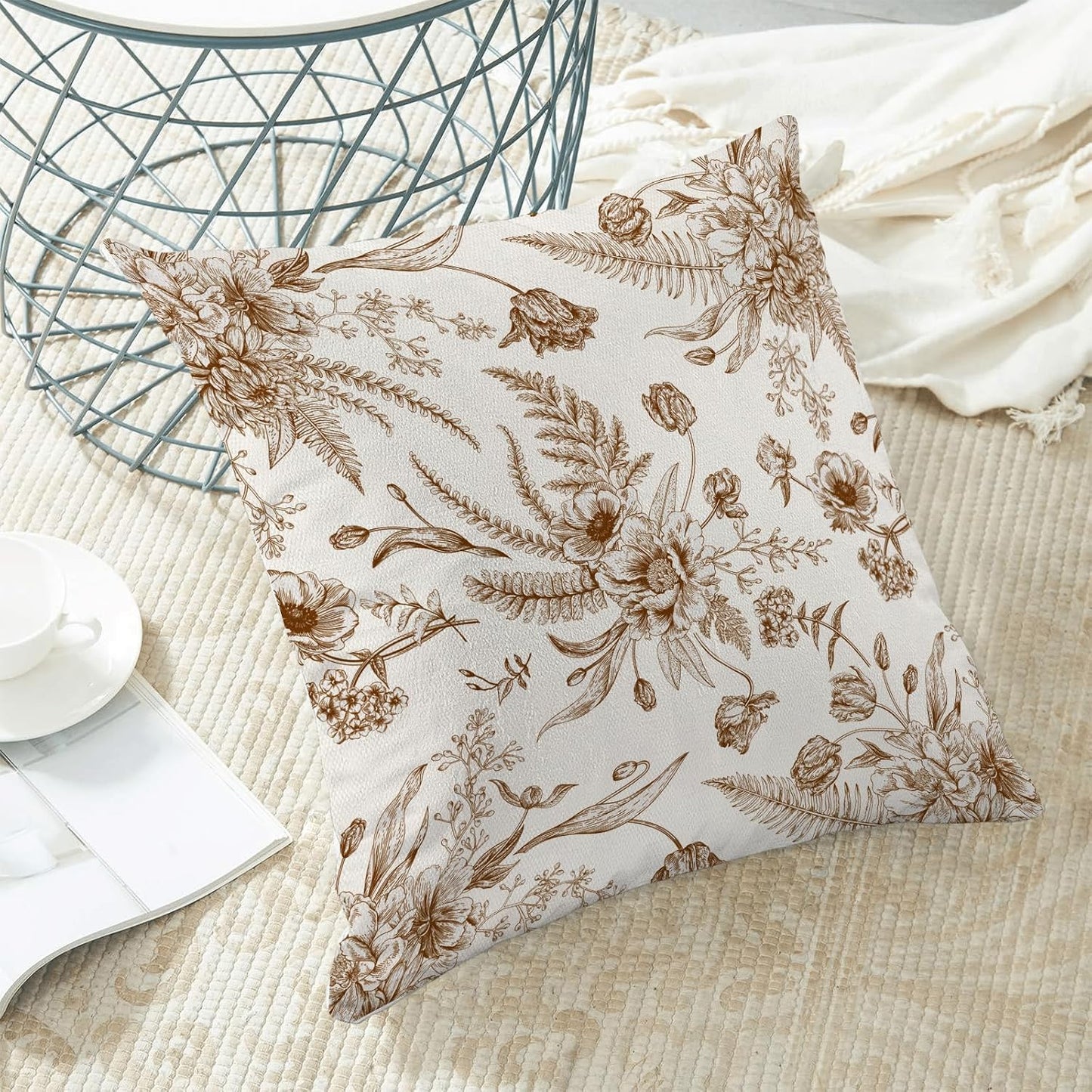 CXMEIFLY Spring Floral Leaves Pillow Covers 20 x 20 Inch Set of 2 for Chinoiserie Flowers Decor Throw Pillows Brown and White Seasonal Plant Outdoor Decorative Cushion Cases for Couch Bed Decorations