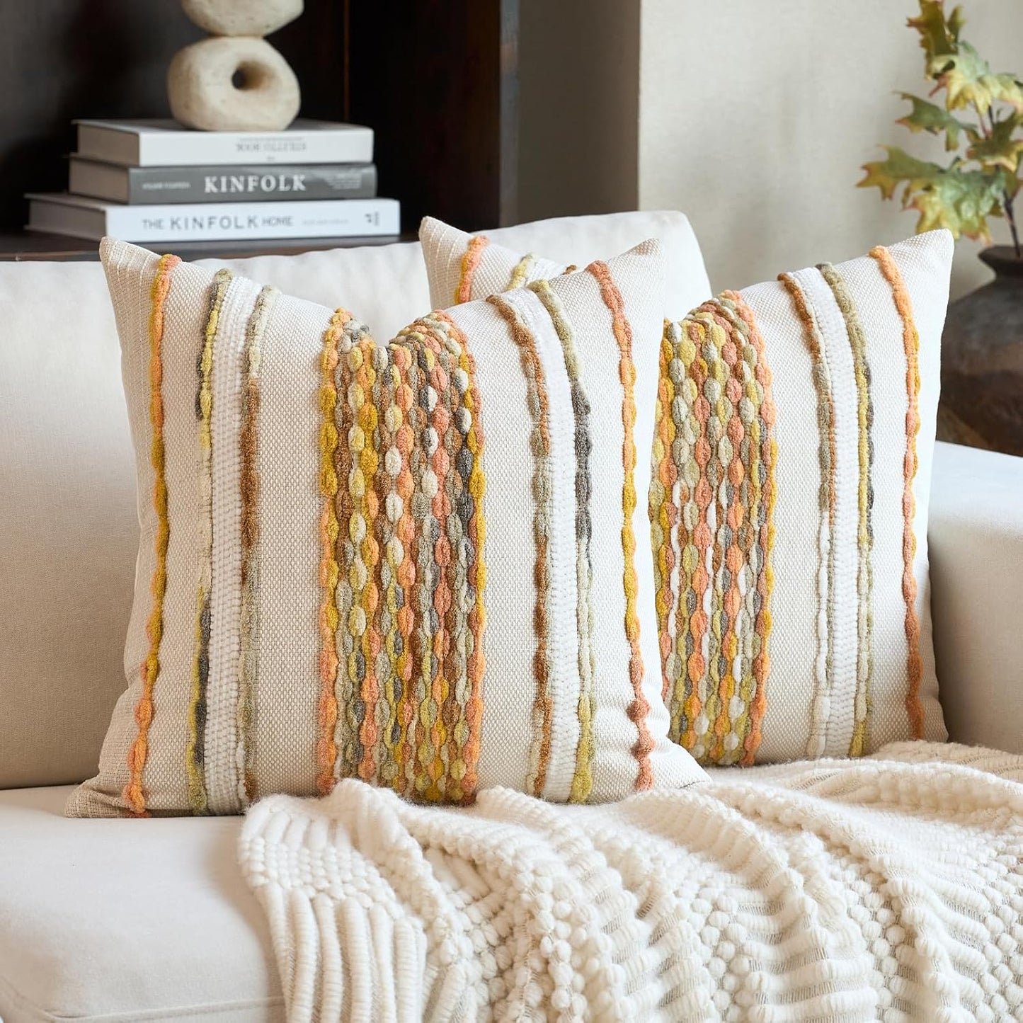 Aeckself Boho Pillow Covers 18x18 Inch Set of 2, Farmhouse Decorative Striped Square Chenille Tufted Accent Neutral Throw Pillow Covers for Living Room Couch Bed, Light Yellow