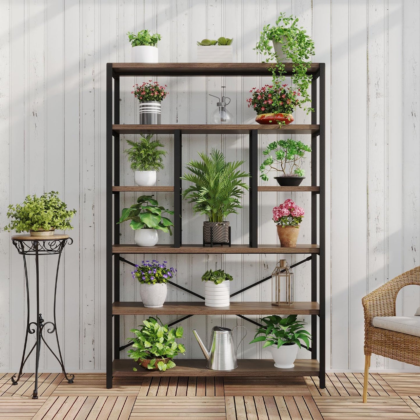 LVB Tall Industrial Etagere Bookcase, Modern Wood Large Open 6 Tier Bookshelf, Vintage Wide Metal Book Shelf Organizer, Farmhouse Book Shelves for Bedroom Living Room Home Office Storage, Rustic Oak