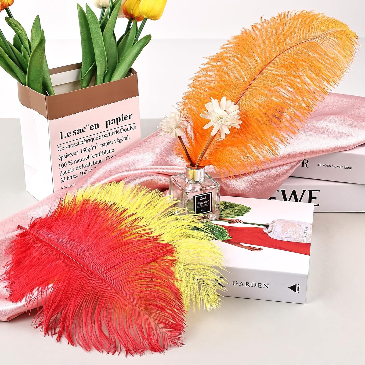 THARAHT Red Orange Yellow Ostrich Feathers 24pcs Natural Bulk 10-12Inch 25cm-30cm for Crafts Wedding Party Centerpieces Halloween and Home Decoration Feathers