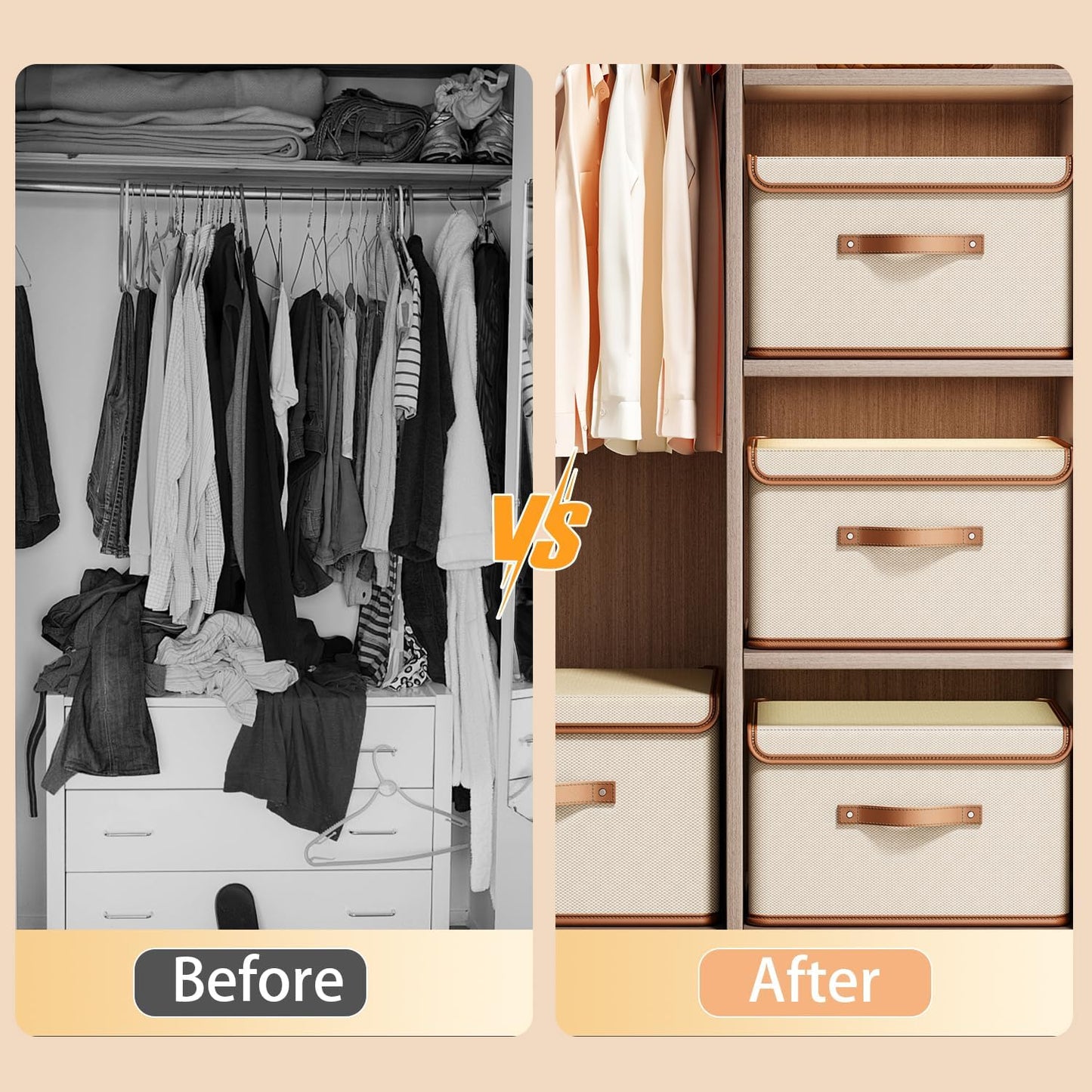 Tuza 2 Pack Storage Bins with Lids, Collapsible Closet Organizer Container, Fabric Organizer Box with Handles, Decorative Storage Boxes with Lids for Organizing Clothes, Books, File, White, Medium