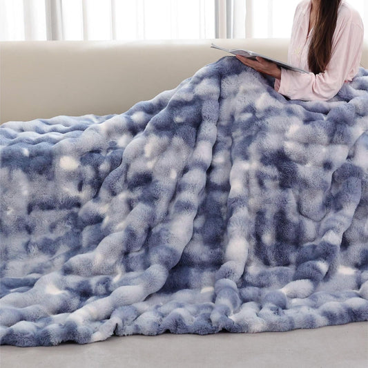 Tie-dye Blue Twin Cozy Faux Fur Blanket for Couch Bed Living Room 60x80 Furry Soft Fluffy Thick Warm Throw Blanket for Winter Home Gifts 860 GSM
