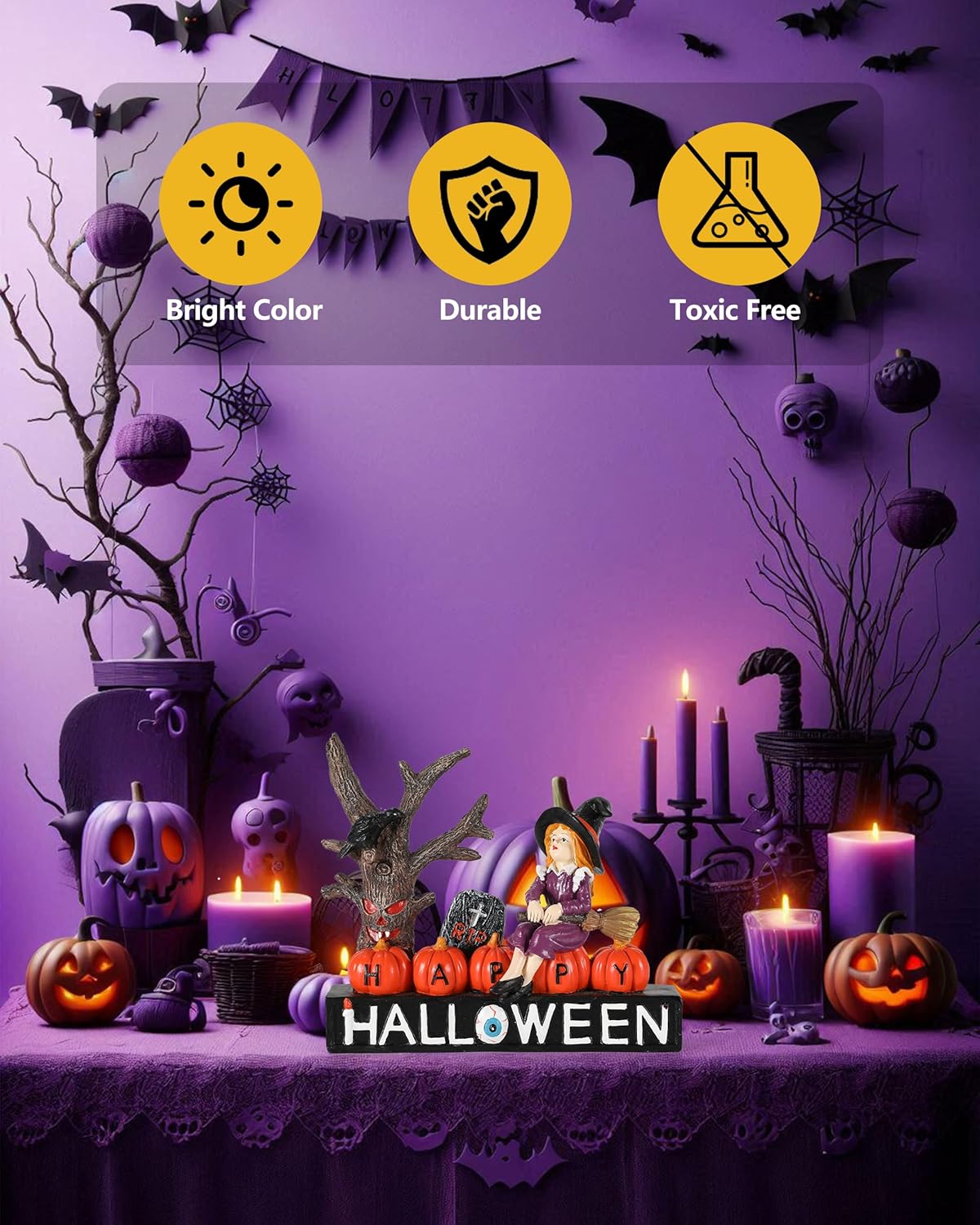 Halloween Decorations Indoor 7.8'' Resin Monsters - Witch Pumpkins Black Crow Spooky Tree R.I.P Graveyard Tombstones with Decorative Happy Halloween Sign Figurines (Witch)