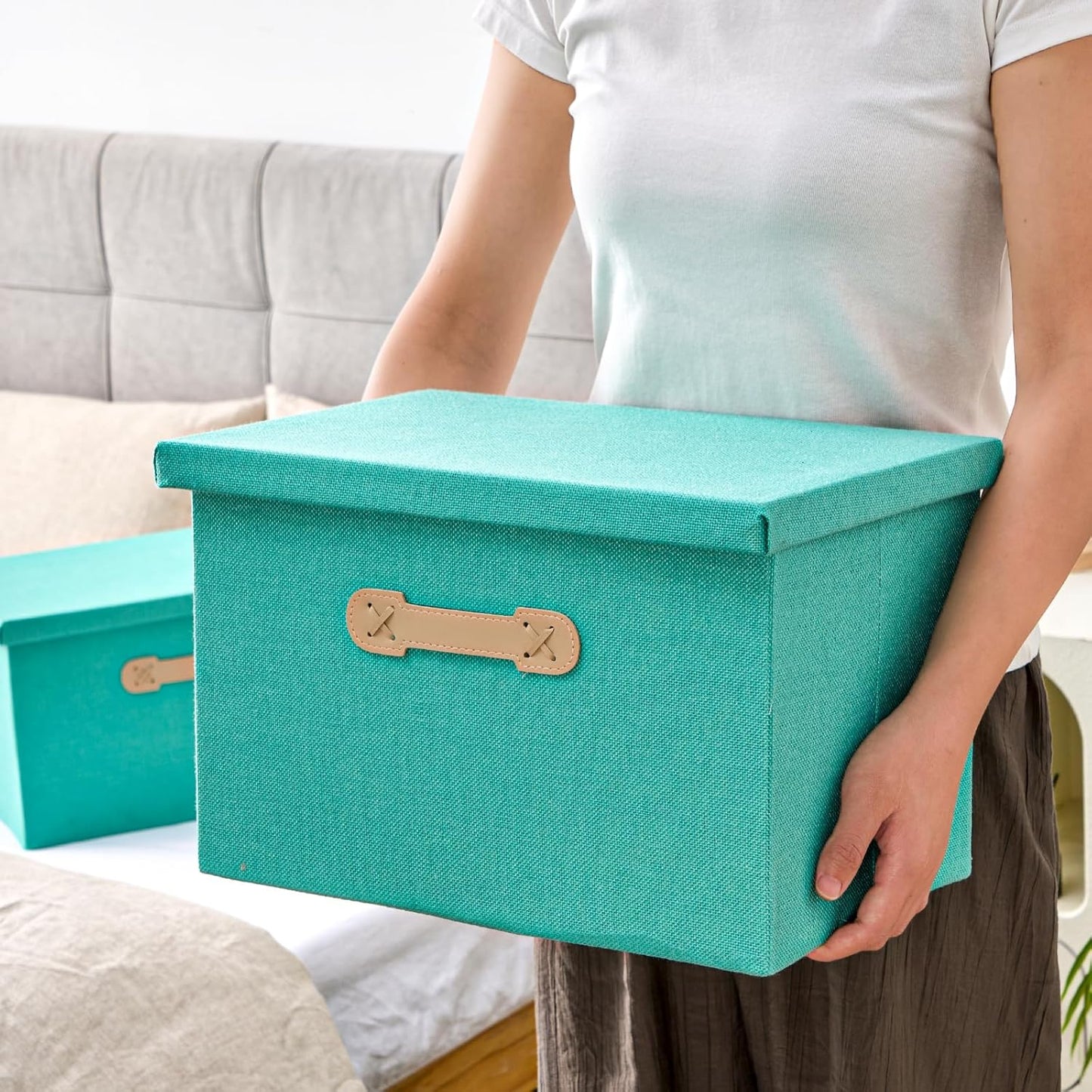 Enzk&Unity Decorative Storage Bins with Lids, Fabric Linen Foldable Storage Box with Handle Home Organizer for Shelf, Closet, Bedroom, Living Room, Office, 3 Packs, Teal
