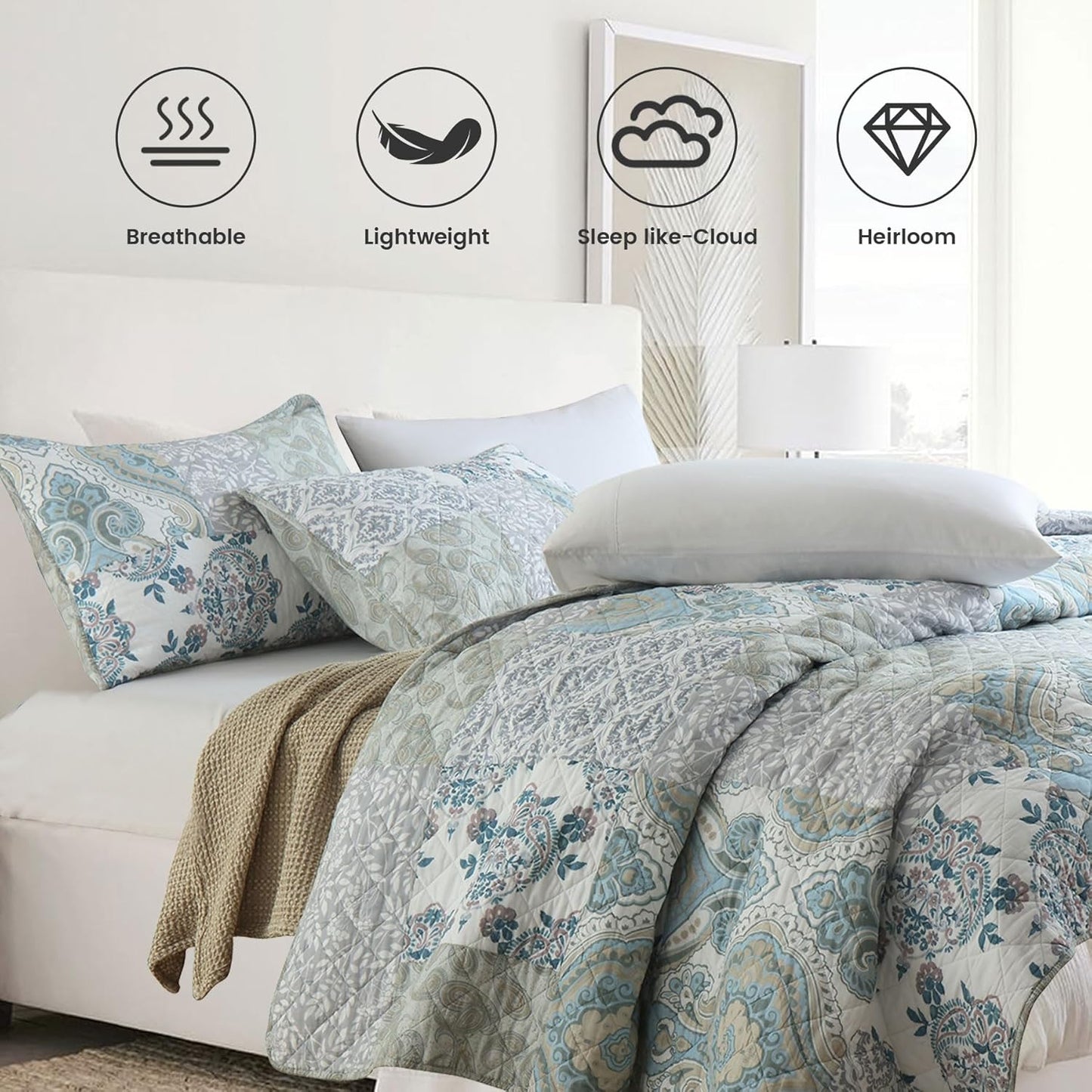 Secgo Queen Size Comforter Set- 100% Cotton Quilt Queen Size Set, Green, Sage bedspreads (90 * 96 Inch) with 2 Pillow Shams, Patchwork Reversible Lightweight Bedding