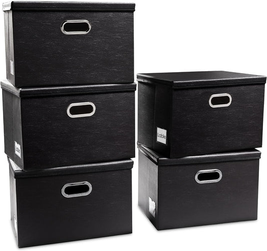 PRANDOM Foldable Storage Bins with Lids [5-Pack] Leather Fabric Collapsible Storage Boxes Organizer Containers Baskets Cube with Cover for Bedroom Closet Office Nursery Black (14.9x10.8x10)