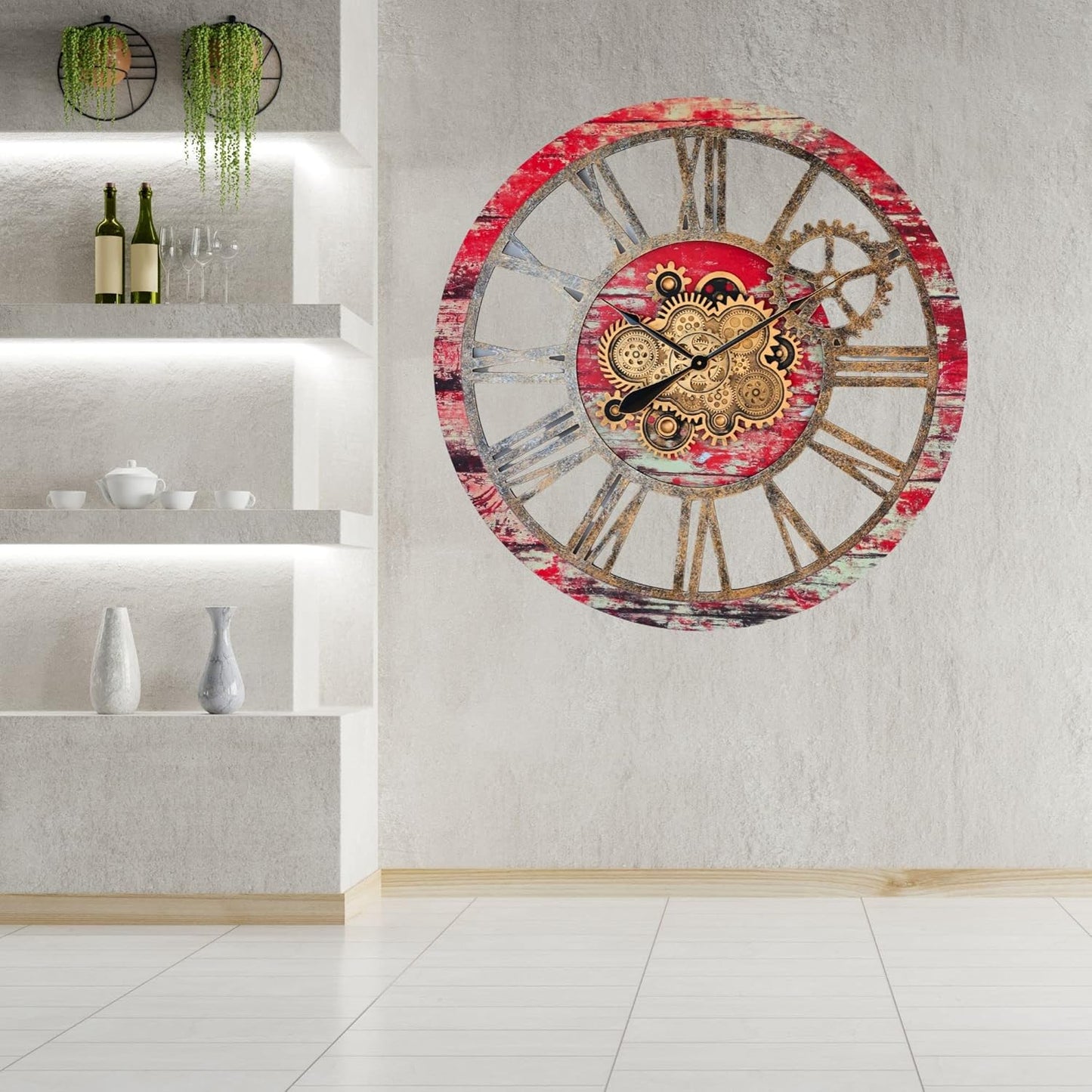 The Gears Clock 36'' Inch Real Moving Gear Wall Clock Vintage Industrial Oversized Rustic Farmhouse (Red Lava)