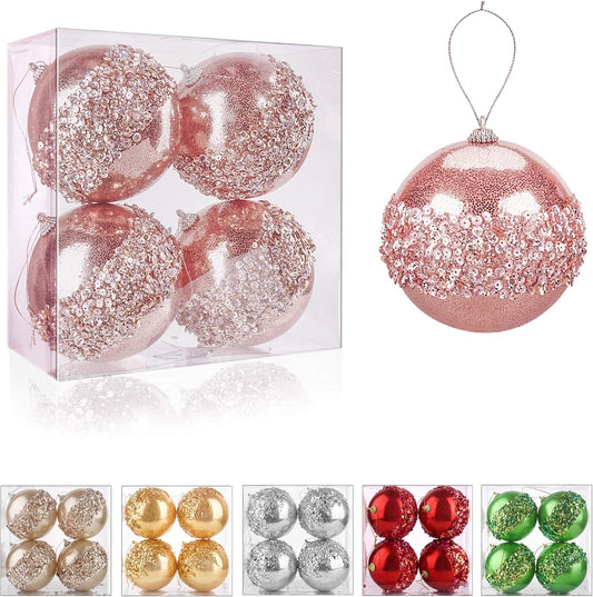 4" Christmas Ball Ornaments, 4pc Set Rose Gold Shatterproof Christmas Decorations Tree Balls for Xmas Trees Wedding Party Holiday Decorations