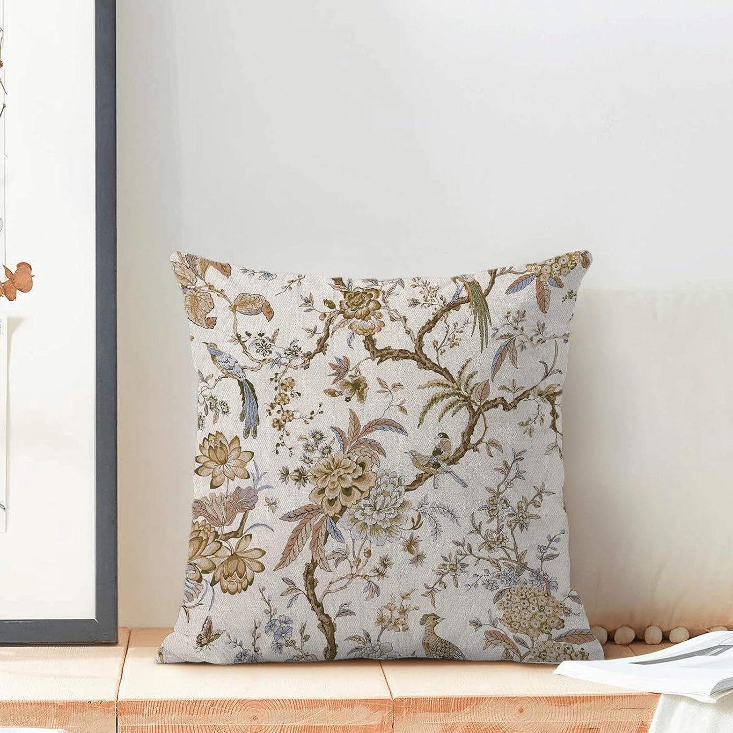 CXMEIFLY Spring Floral Birds Pillow Covers 16 x 16 Inch Set of 2 for Chinoiserie Flowers Decor Throw Pillows Brown and White Plant Outdoor Decorative Cushion Cases for Couch Bed Decorations