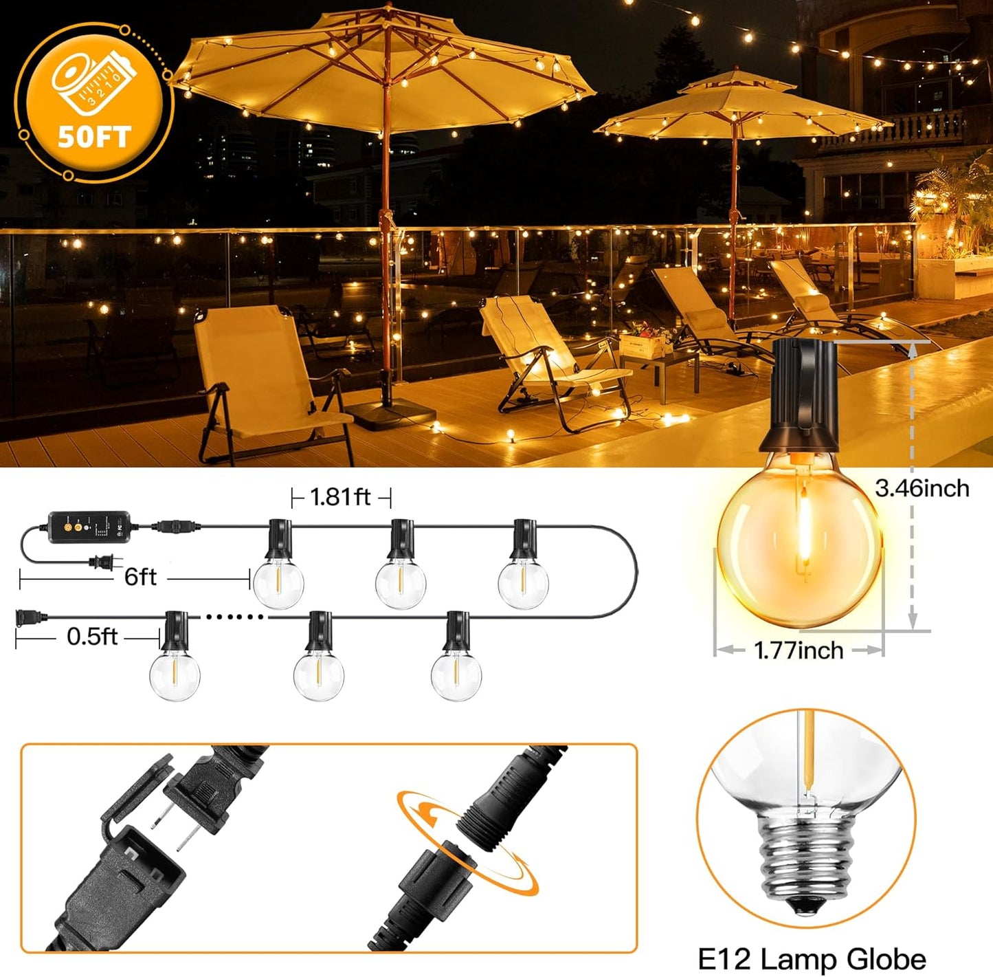 50FT Outdoor String Lights with Remote Dimmer, 25+2 Led Bulbs Connectable Dimmable Outdoor Lights, Support Timer Waterproof Shatterproof for Patio Yard Porch Deck