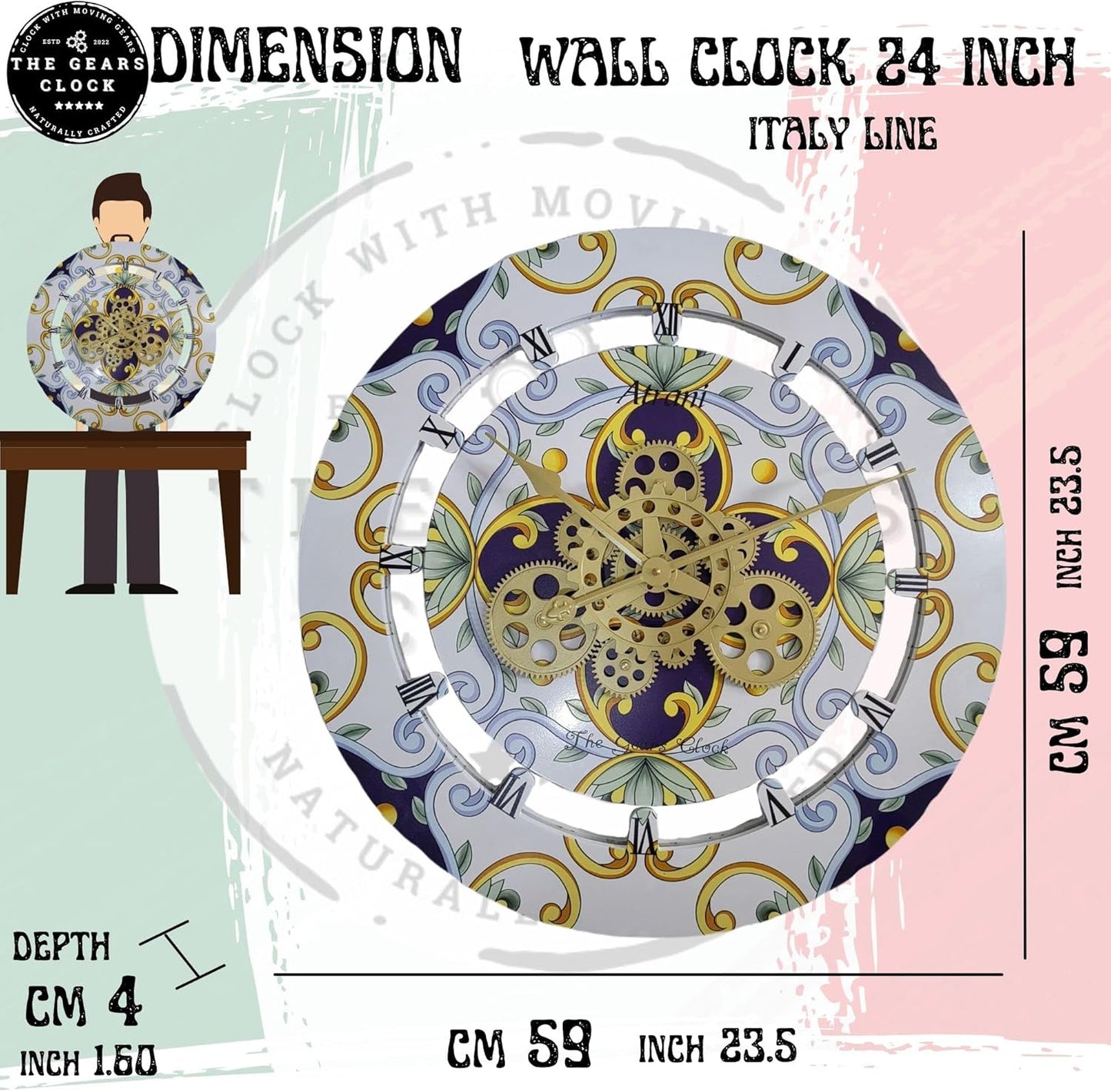 The Gears Clock Wall Clock Italy Collection with Moving Gears (Amalfi, 24 inch Round)