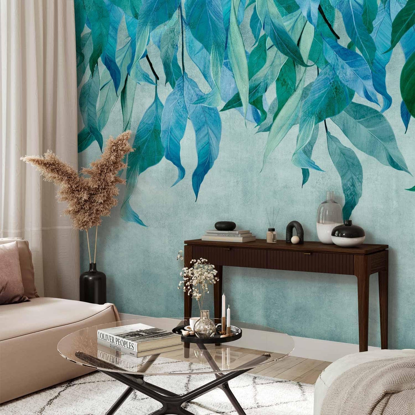 artgeist Wall Mural Hanging Leaves 135x101 in - Peel and Stick Self-Adhesive Wallpaper Removable Large Sticker Foil Wall Decor Print Picture Image Design Nature Botanical Concrete Green b-C-10146-a-b