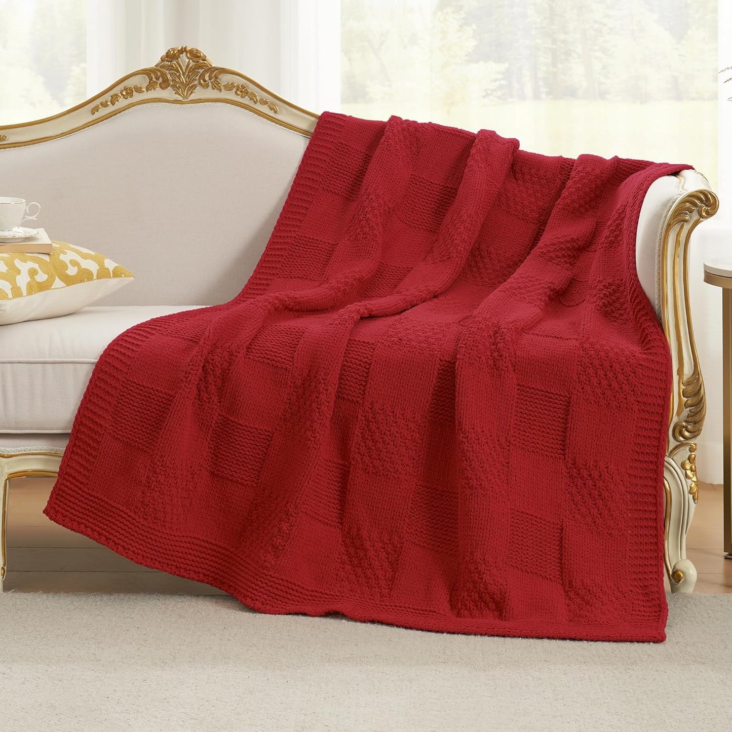 Amélie Home Chenille Knit Throw Blanket for Couch, Checkered Texture Decorative Soft Blanket for Sofa, Bed & Living Room, 50"x60", Red