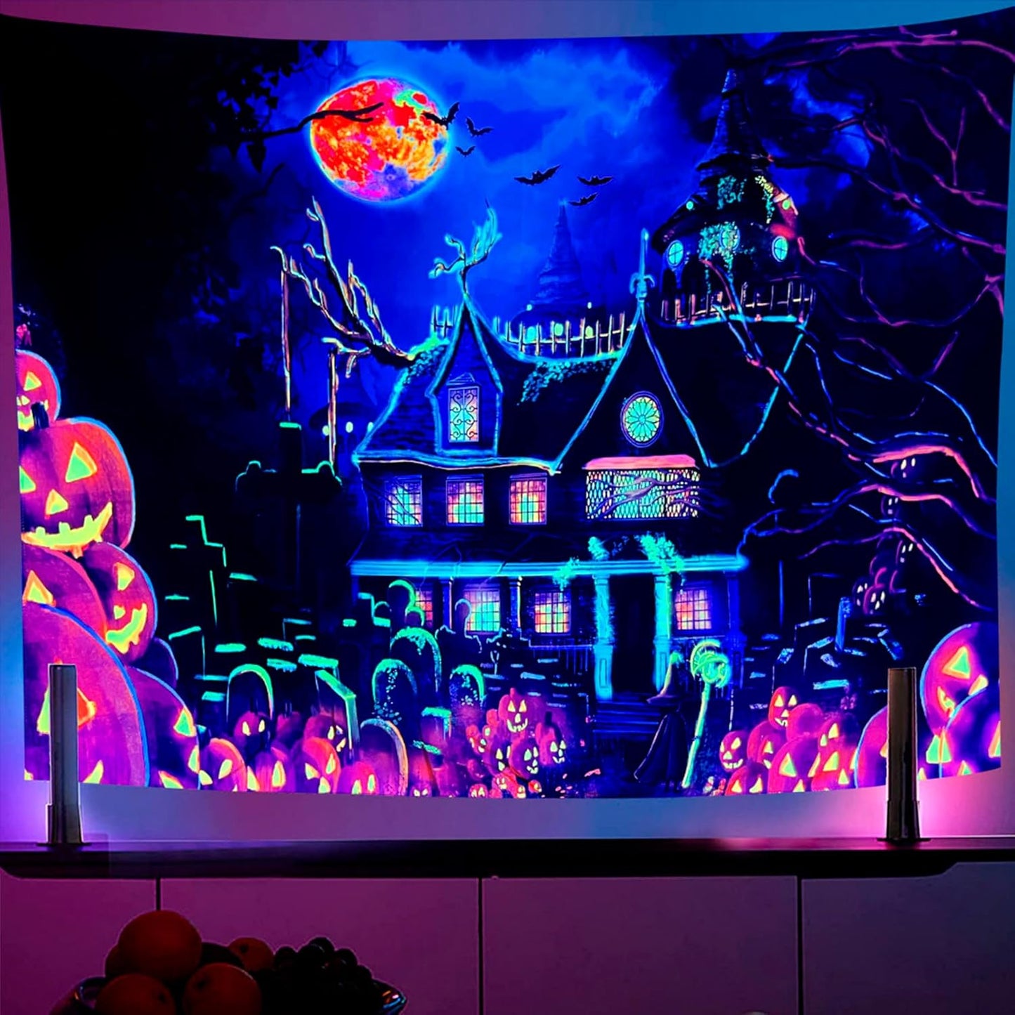 OSVINO Blacklight Halloween Castle Tapestry 59"x51" Pumpkins Bats Crosses Backdrop Bedroom Aesthetic Hippie Room Decor Glow in The Dark Wall Poster for Halloween Easter