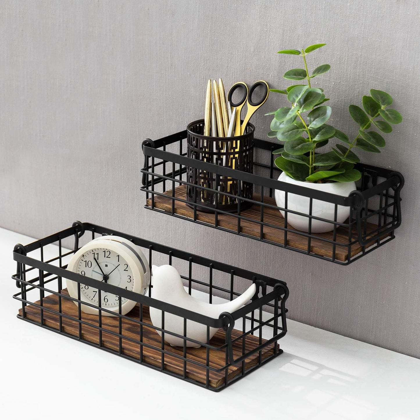 MyGift Set of 2 Wire Baskets for Pantry, Wall Mounted or Tabletop Black Metal Baskets for Organizing with Burnt Wood Base and Handles