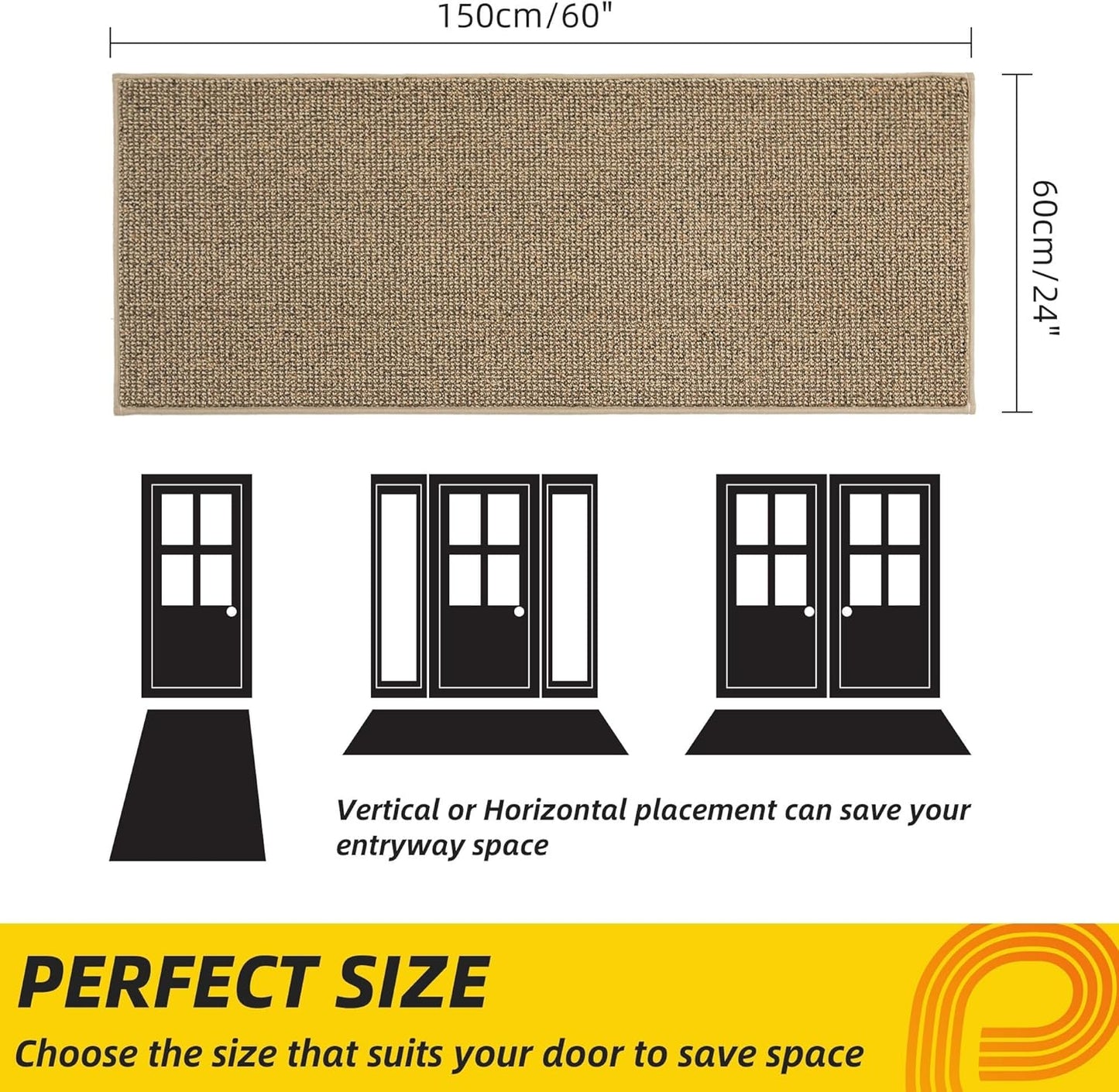 JSEI Dirt Trapper Door Mat 24"x60" Non-Slip Washable Entrance Mat, Dog Doormats, Absorbent & Fade-Resistant Floor Mats, Low Profile Welcome Mats for Entryway, Front Door, and Inside Entrance, Beige