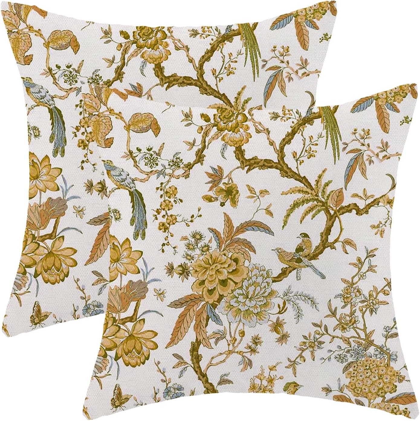 CXMEIFLY Summer Floral Birds Pillow Covers 20 x 20 Inch Set of 2 for Chinoiserie Flowers Spring Decor Throw Pillows Mustard Yellow Plant Outdoor Decorative Cushion Cases for Couch Bed Decorations