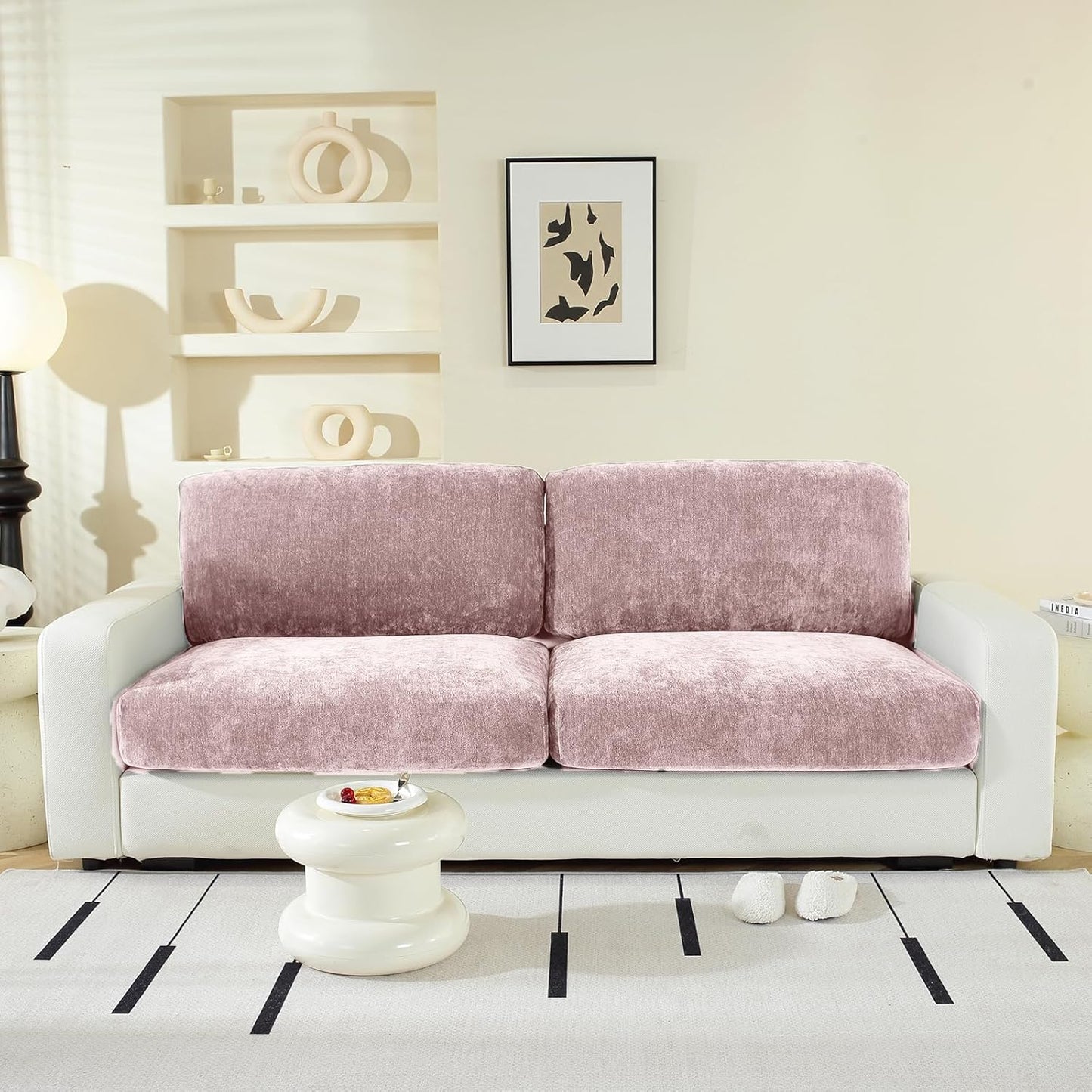 Couch Cushion Covers Individual Large Super Stretch Chenille (Softer Version) Sofa Cushion Covers, Couch Seat Covers Couch Slipcovers Furniture Protector (2PC, Pale Pink)