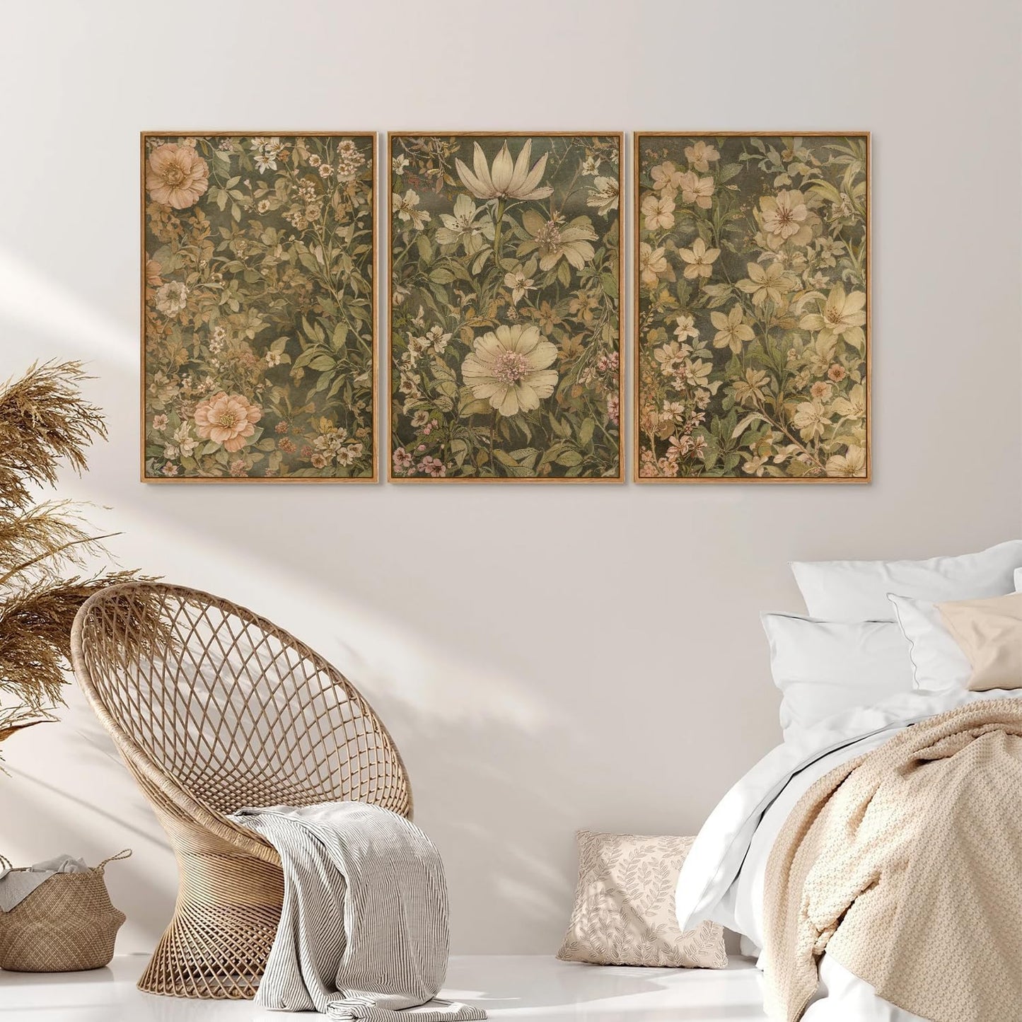 SIGNINART Vintage Floral Framed Canvas Wall Art Set of 3, Mid Century Modern Wildflower Wall Decor, Neutral Botanical Artwork, Retro Plant Art Prints for Bedroom, Living Room, Office 16"x24"