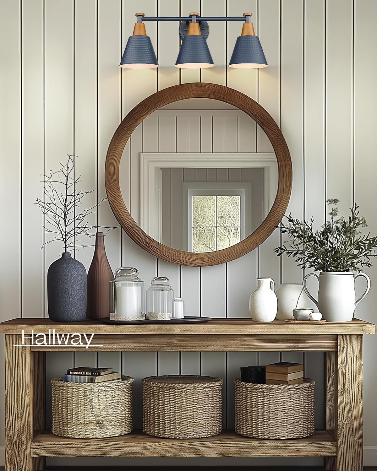 FEMILA Bathroom Vanity Light, 3-Light Modern Bathroom Light Fixture with Hammered Metal Shade Finish, Dark Blue Wall Sconce Lamp Lighting for Bedroom, 4FG59B-3W Blue