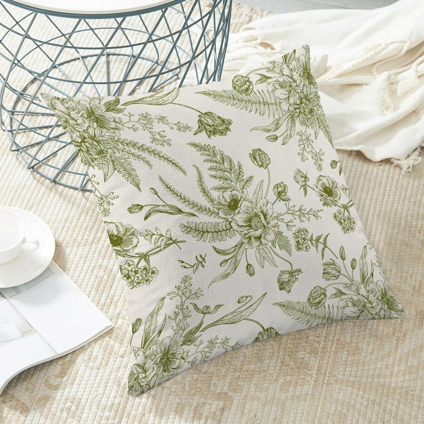 CXMEIFLY Sage Green Spring Pillow Covers 22 x 22 Inch Set of 2 for Chinoiserie Flowers Decor Throw Pillows Floral Leaves Seasonal Plant Outdoor Decorative Cushion Cases for Couch Bed Decorations