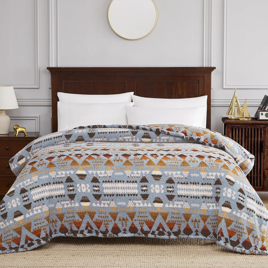 CASAAGUSTO Boho Sherpa Throw Blanket, Aztec King Size Blanket, Ultra Soft, Warm, Cozy, Plush, Thick Fleece Bohemian Throw Blanket for Couch, Bed, Sofa (Blue Grey 108 * 90 Inch)