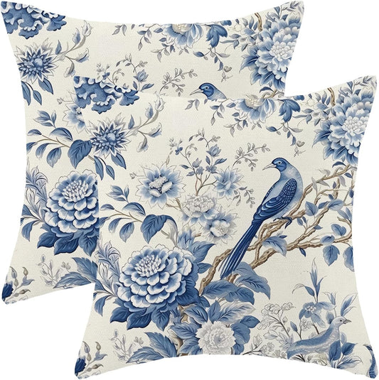 CXMEIFLY Spring Floral Pillow Covers 18 x 18 Inch Set of 2 for Chinoiserie Flowers Bird Decor Throw Pillows Vintage Blue and White Plant Outdoor Decorative Cushion Cases for Couch Bed Decorations