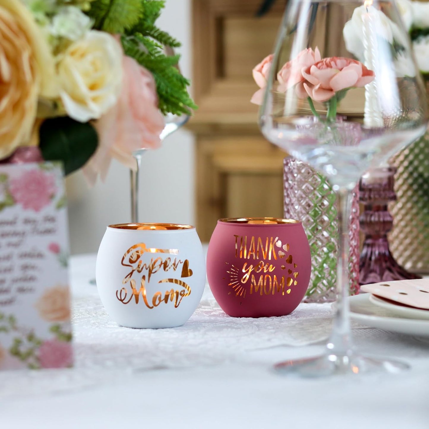 Birthday Gifts for Mom, Delicate Mother Gifts from Daughter Son, Engraved Glass ealight Votive Candle Holder Pink, Mothers Day Christmas Birthday Gifts for Mom, Ideas 6PCS