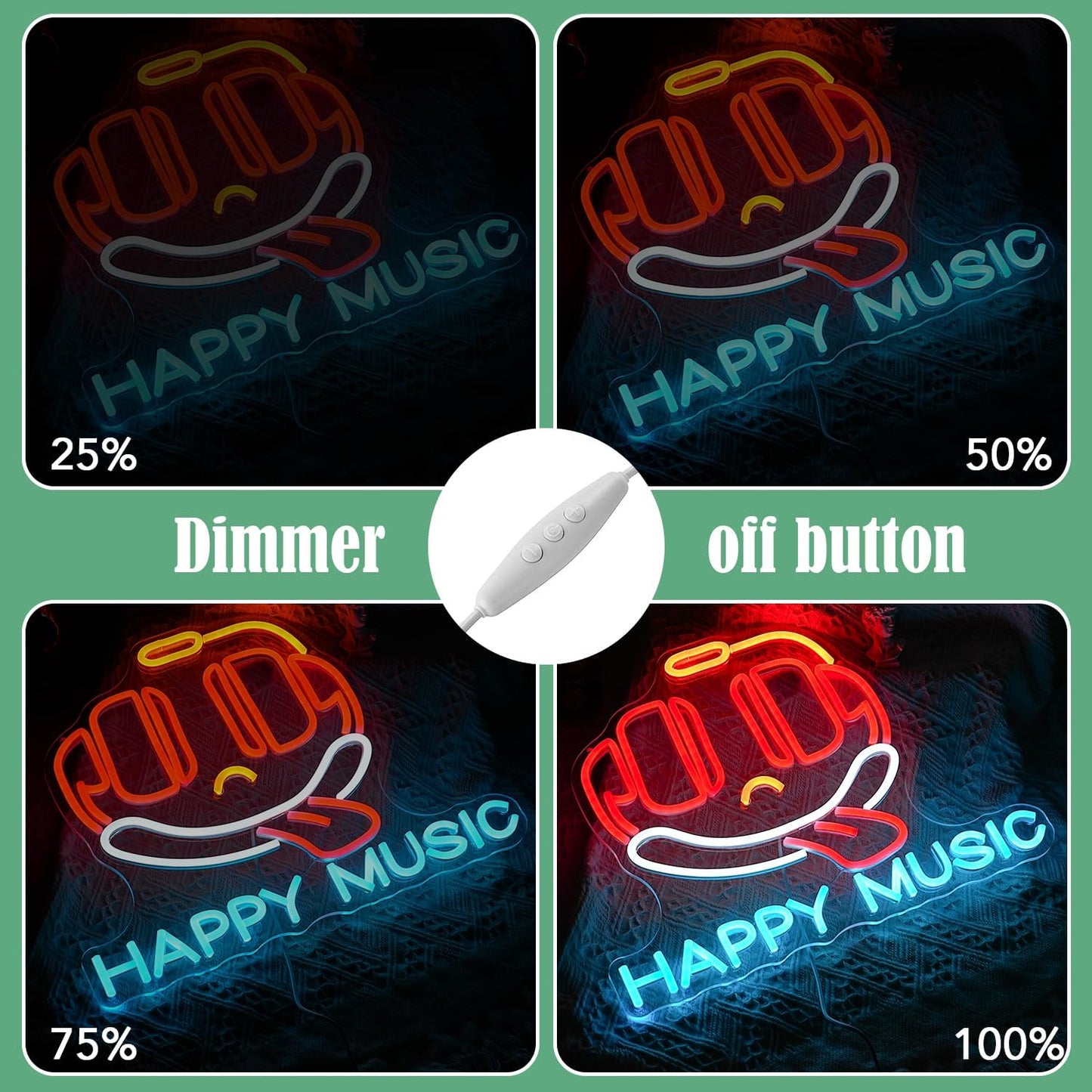 Headphone Neon Sign Dimmable Led Happy Music Neon Light for Wall Decor USB Cute Headset Figure Neon Light Sign for Music Studio Bar Live Music Party Bedroom