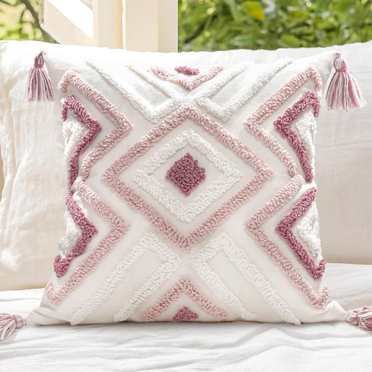 Boho Pillow Covers 18X18 Inch Boho Tufted Throw Pillow Covers Decorative Tassels Cushion Cover Farmhouse Pillow Case for Couch Sofa Bed Living Room Bedroom, Pink