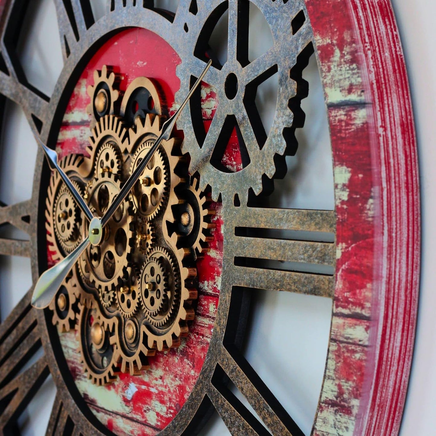 The Gears Clock 36'' Inch Real Moving Gear Wall Clock Vintage Industrial Oversized Rustic Farmhouse (Red Lava)