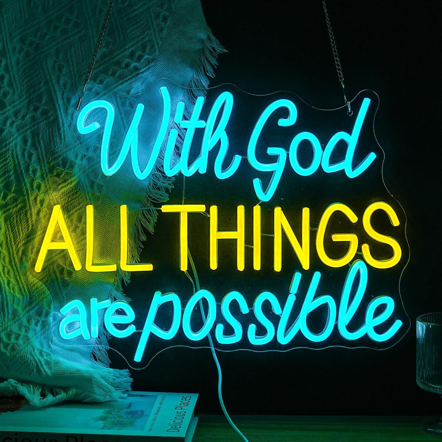 With God All Things Are Possible Neon Sign 16.5 * 12.6 Inch Led God Light Up Sign Dimmable USB Neon Light for Room Wedding Party Church Wall Decor (Ice Blue Yellow)