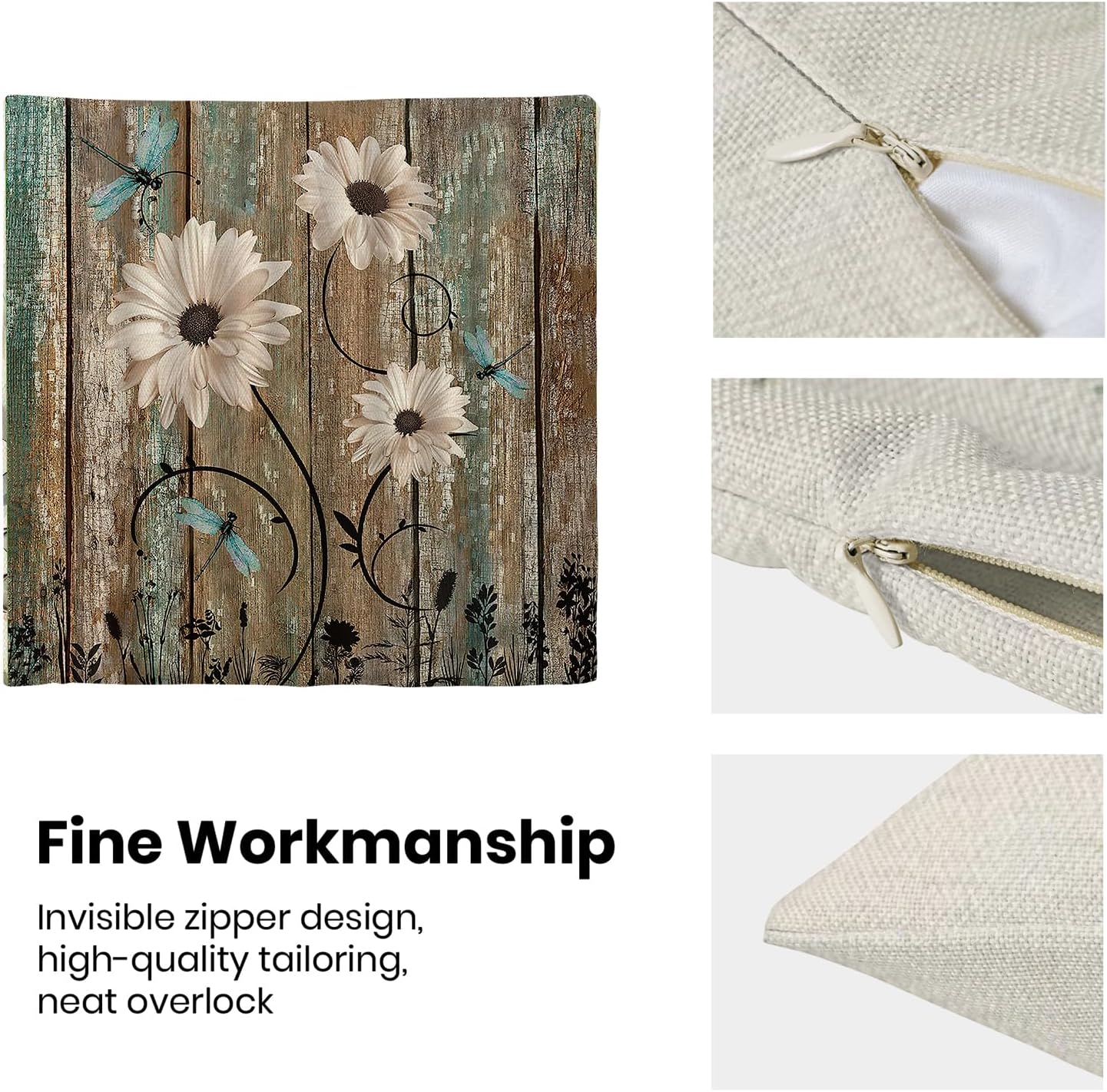 CXMEIFLY Spring Floral Pillow Covers 18 x 18 Inch Set of 2 for Brown Wood Texture Daisy Flowers Decor Throw Pillows Dragonfly Plant Floral Outdoor Decorative Cushion Cases for Couch Bed Decorations