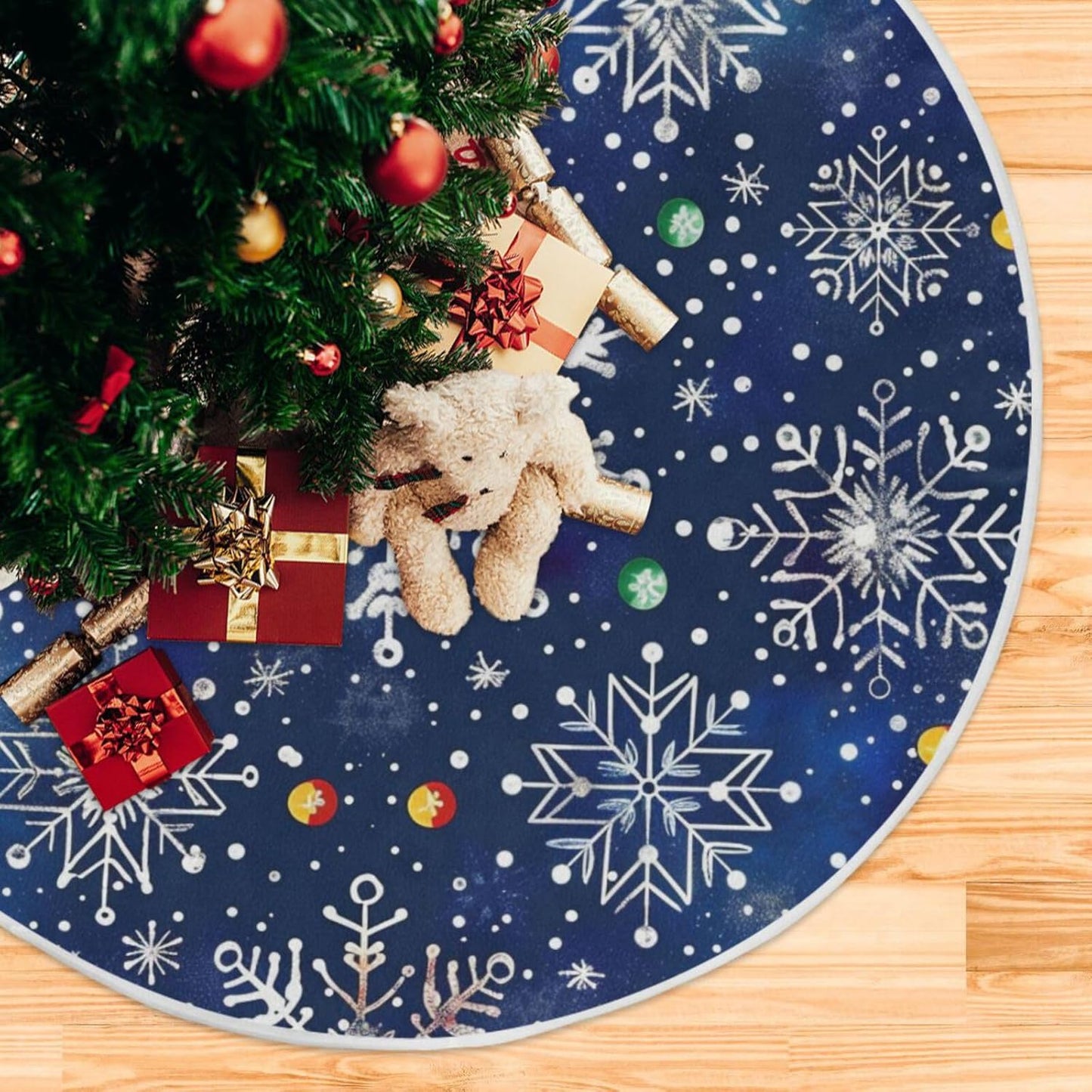 Christmas Tree Skirt, 48 Inch White Snowflakes Blue Background Xmas Tree Skirt for Christmas New Year Party Decorations Christmas Tree Mat