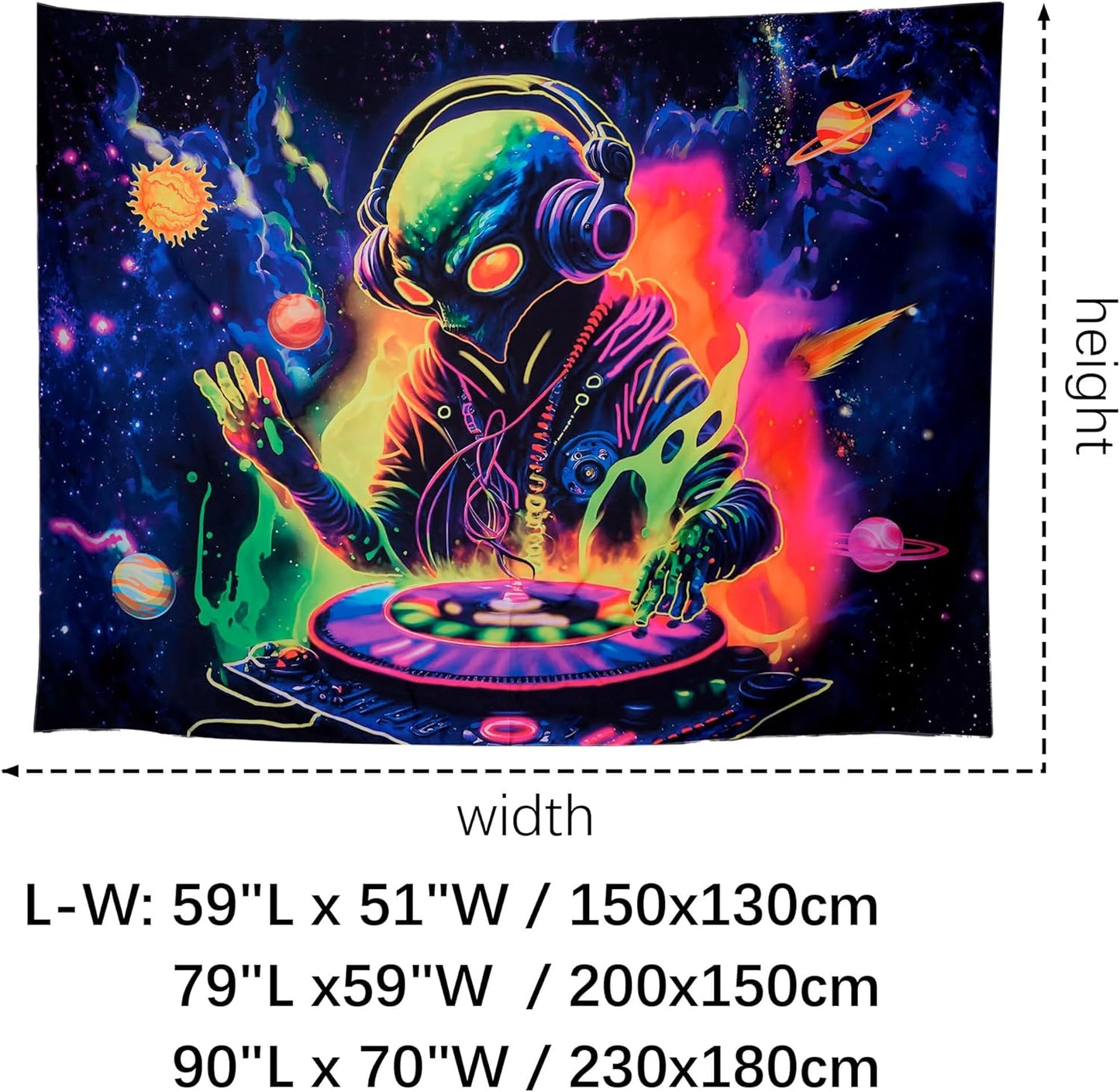 OSVINO Blacklight Alien Tapestry 59"x51" UV Reactive Alien DJing Wall Hanging Art Bedroom Decor Moon and Sun Planets Posters Wall Hanging Hippie Decor